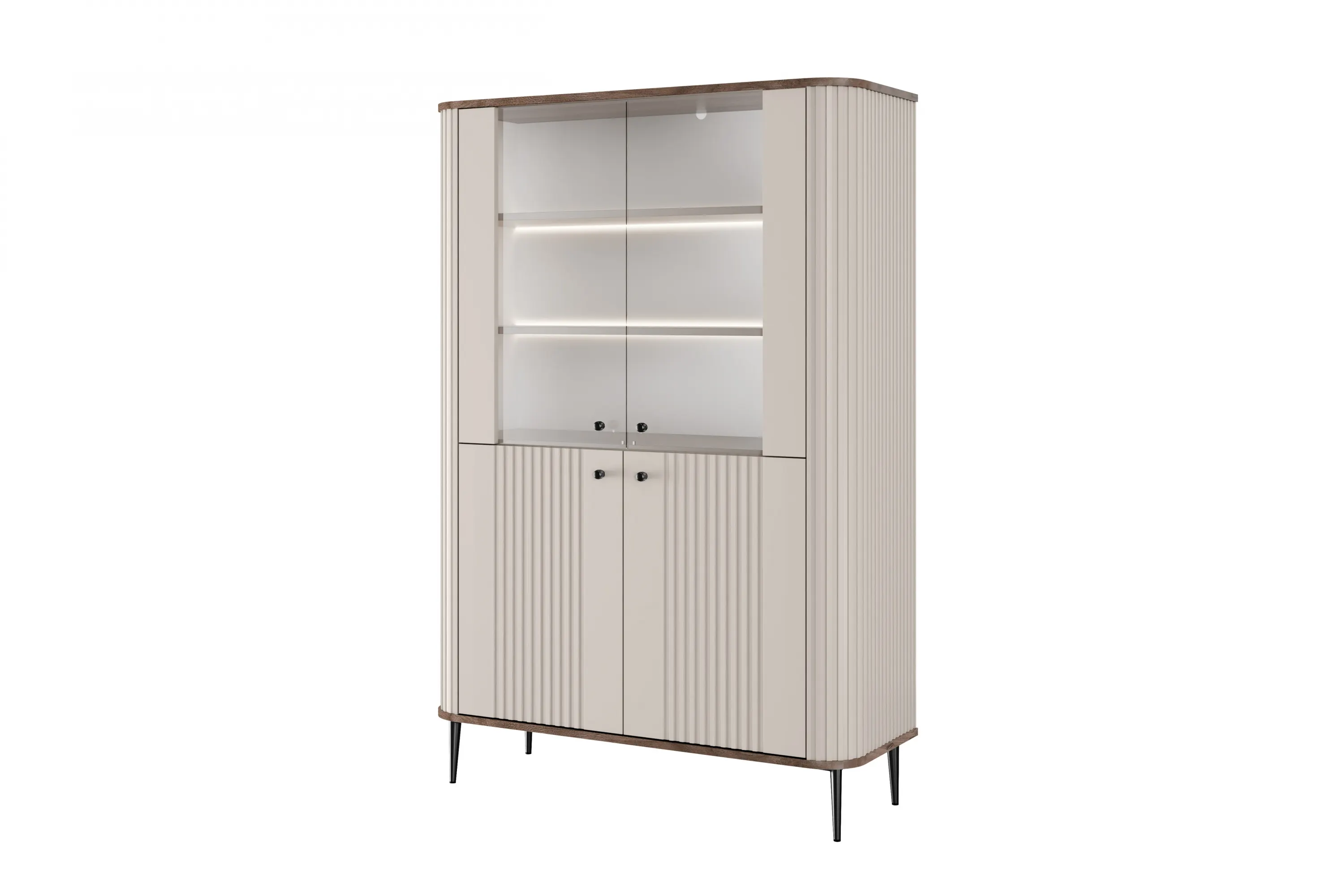 Witryna 4-drzwiowa z oświetleniem VESPER 103 ryflowany front cashmere orzech czarne nogi Meble, Szafa, Szafka, Gabinet