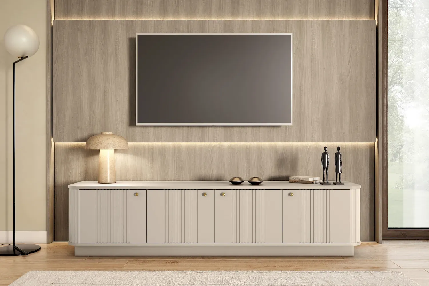 Szafka RTV 4-drzwiowa VESPER ryflowany front - cashmere złote uchwyty cokół — zdjęcie 5