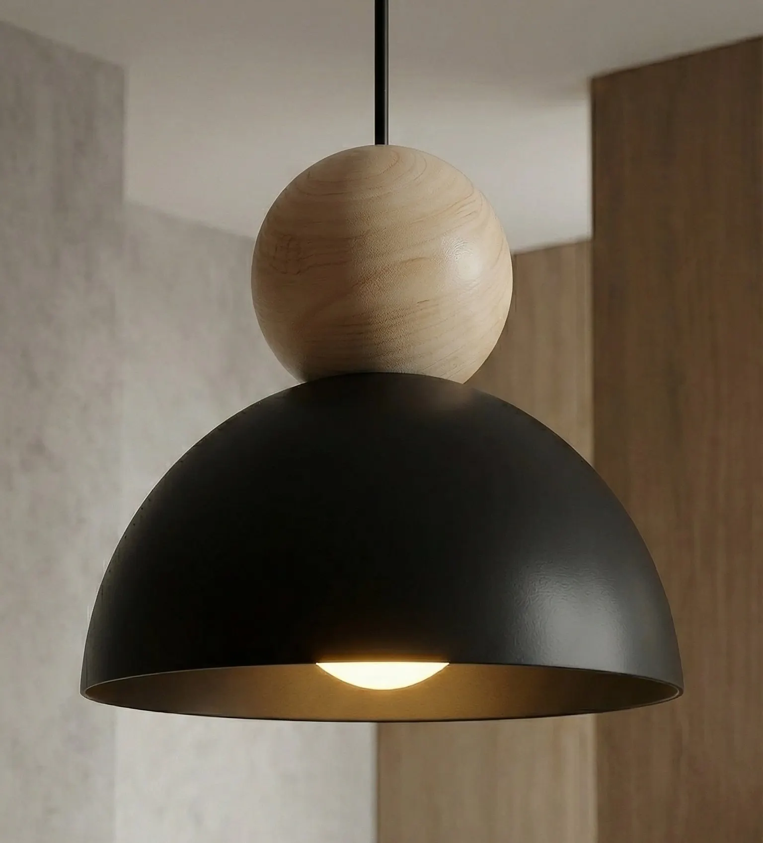 image lampa wisząca, czarna, drewniana kula, oświetlenie sufitowe, minimalistyczny design