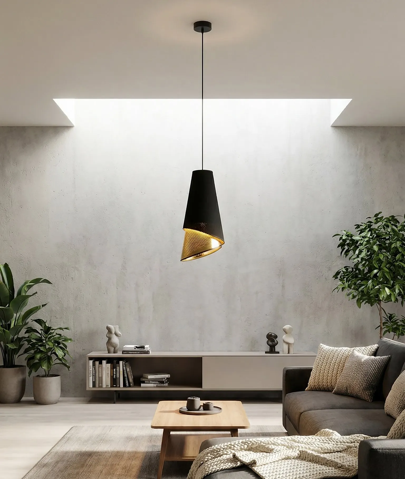 lampa wisząca, drewniany stolik, sofa narożnikowy, zielone rośliny, salon, modern minimalist