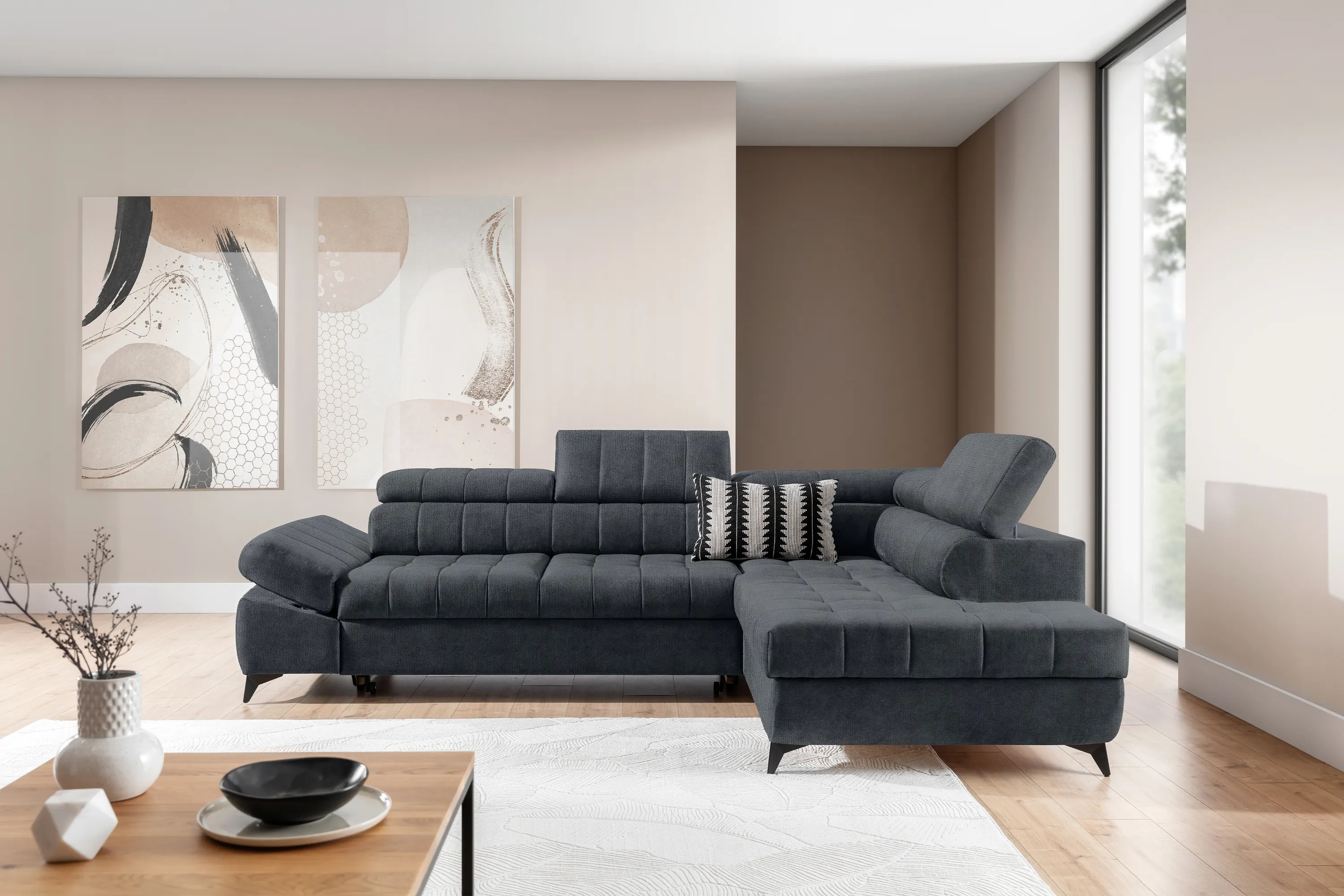 Narożnik prawostronny VALORIS L regulowane zagłówki i podłokietniki tkanina Perfect Harmony 90 grafitowy - B_162927