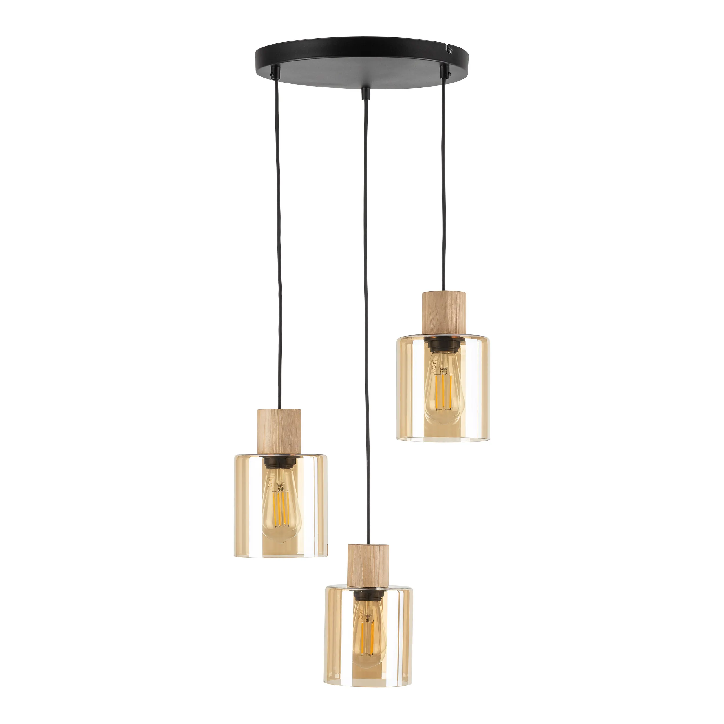 Lampa wisząca ORSON czarna z drewnianymi elementami bursztynowe okrągłe szklane klosze 95x36cm