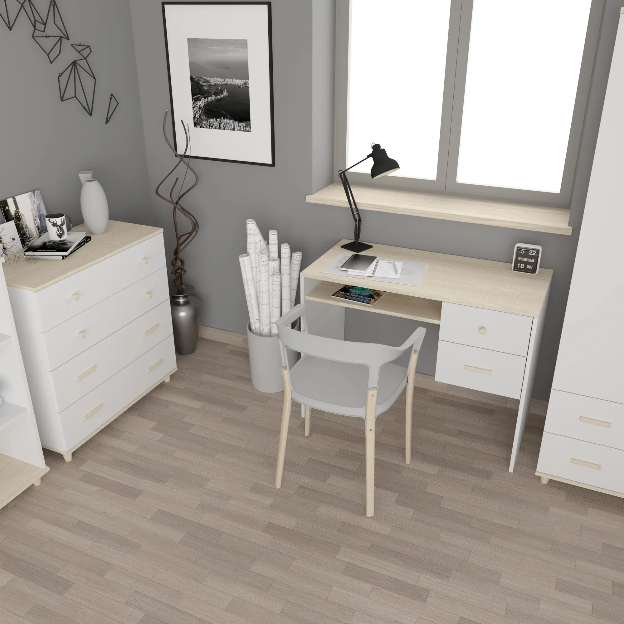 Biurko z 2 szufladami i półką GOODY 50x100 drewniane uchwyty biały akacja - INT_5002808