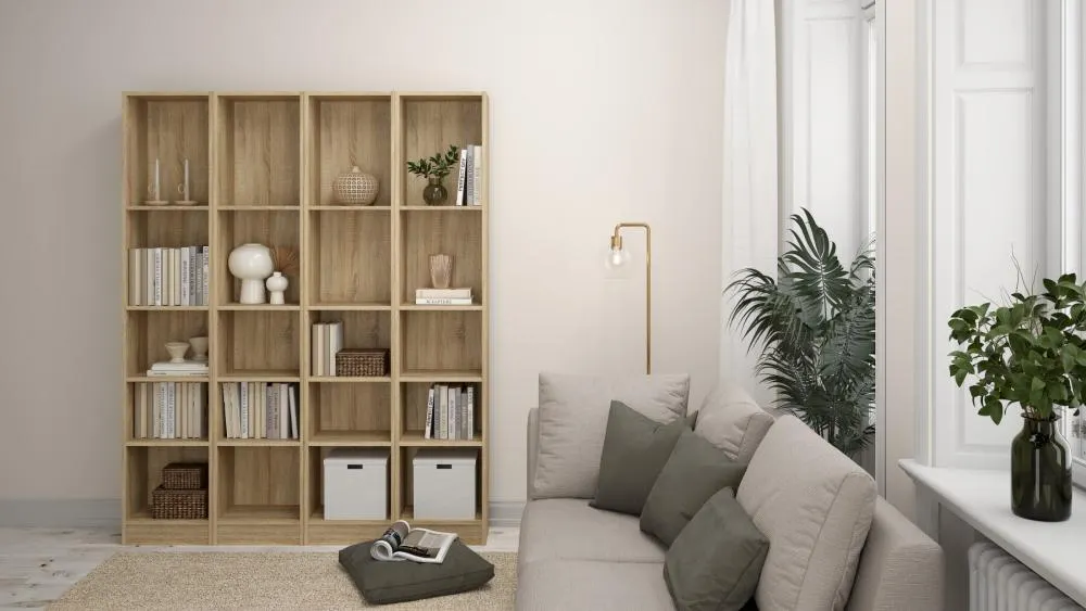regał z półkami, meble do salonu, sofa narożna, kwiat doniczkowy, lampka stojąca