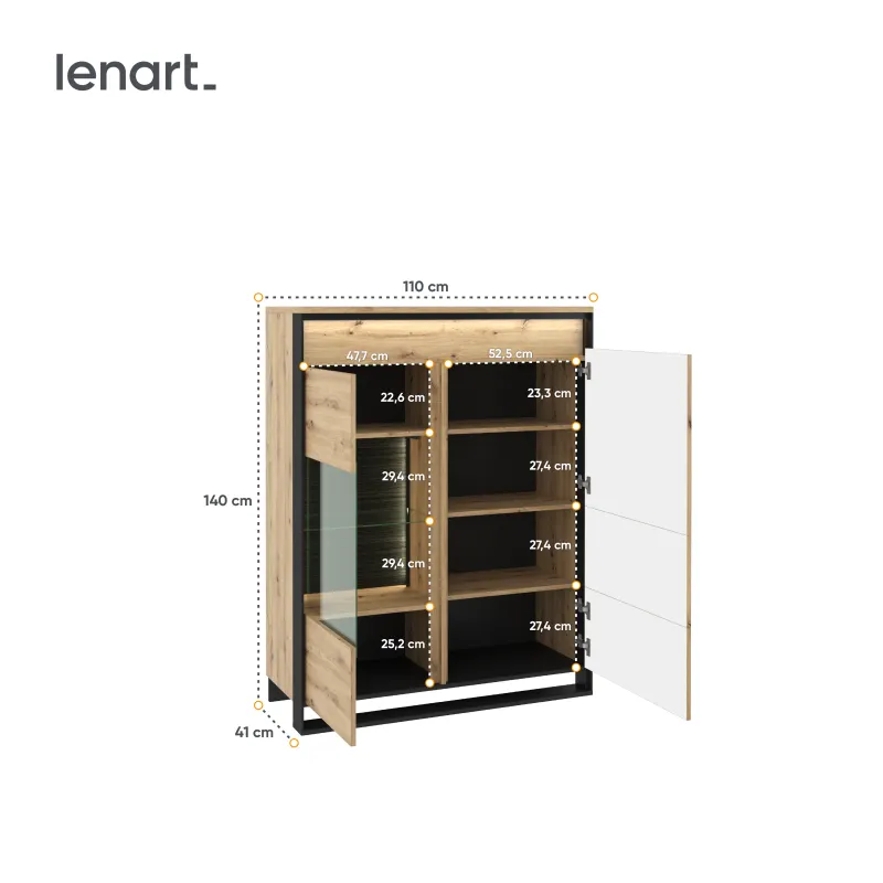 Niska witryna 2-drzwiowa LED Quant QA-06 dąb artisan/czarna - QA6DAC