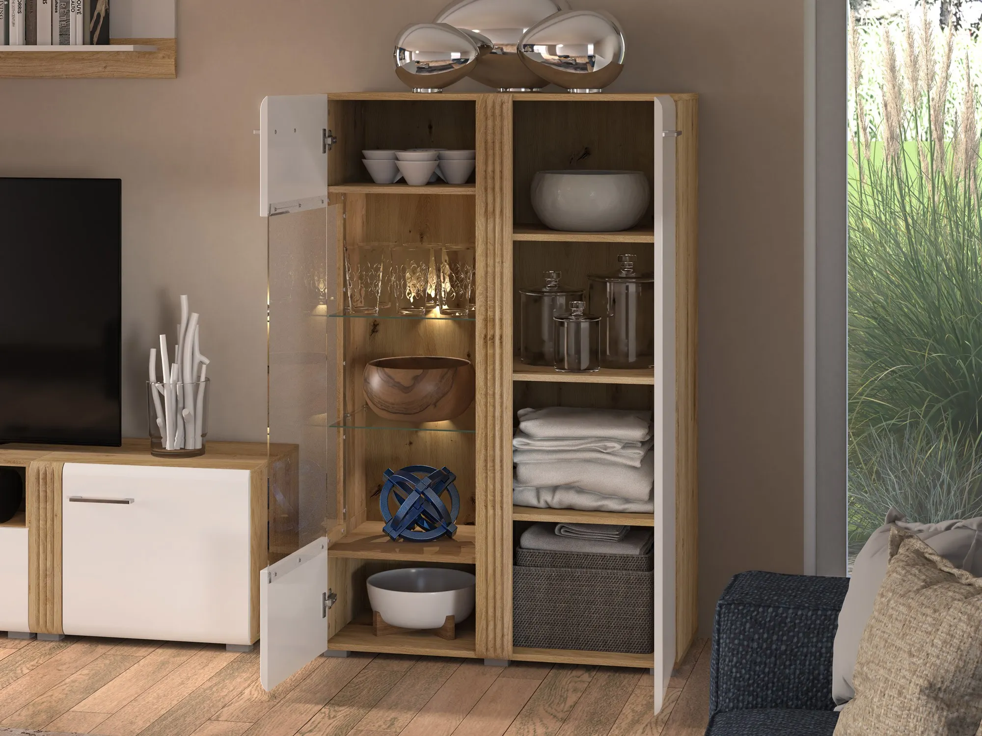 Witryna niska ADAGIO 03 Lewa dąb castello, biały połysk - 1ADAG03L-001