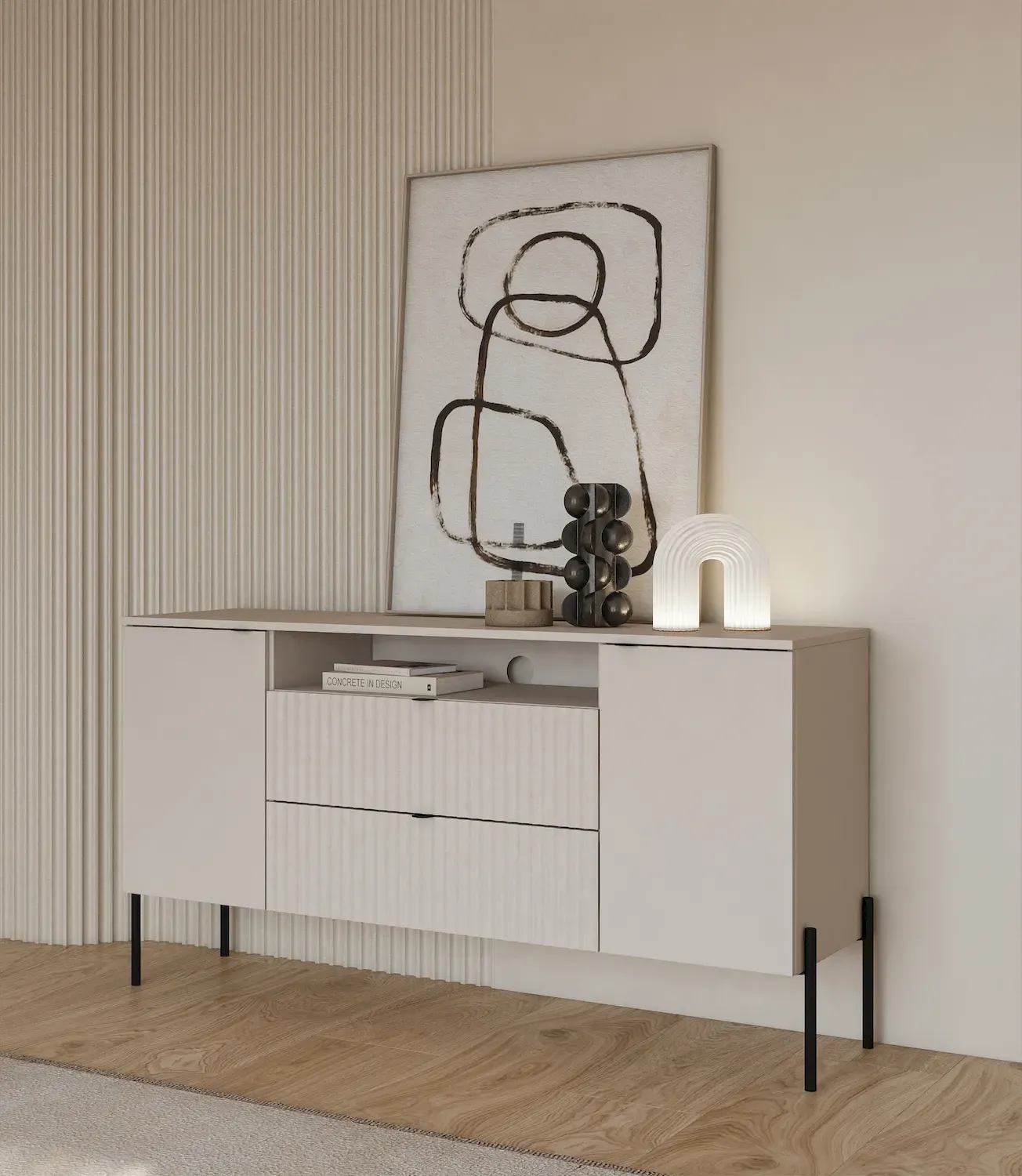 Komoda 2-drzwiowa z 2 szufladami i wnęką ORE 140 cm kaszmir ryflowany front czarne nóżki — zdjęcie 7