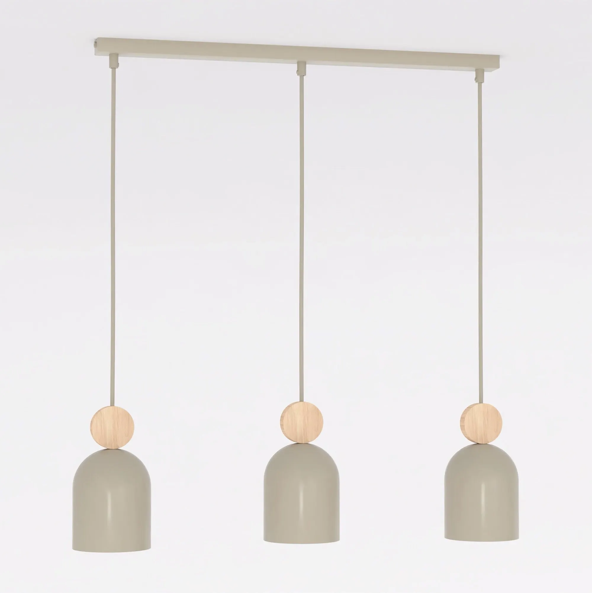 image lampa wisząca, drewniany element, zielony abażur, trzy lampy, szary kolor
