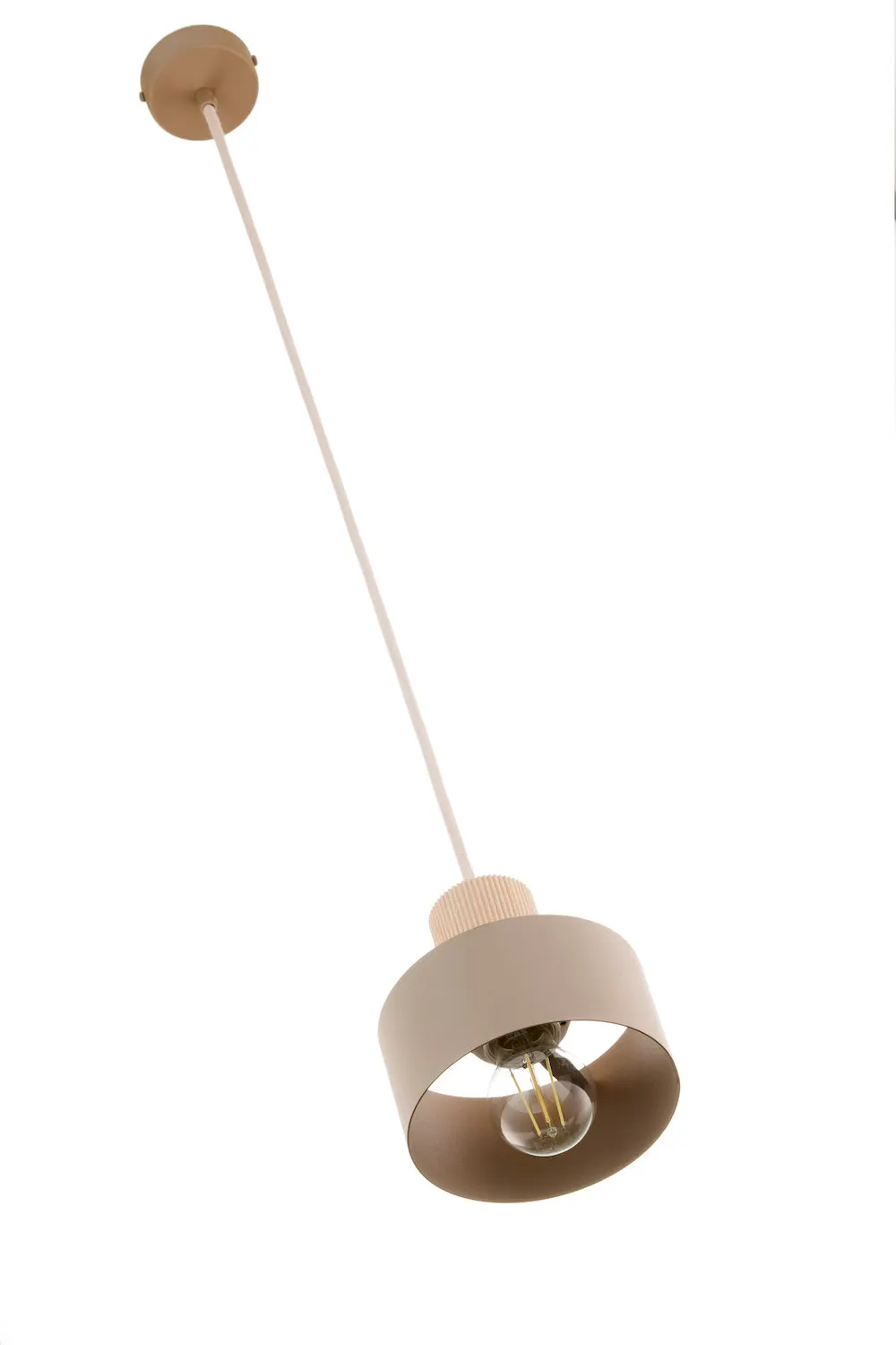 lampa wisząca, konstrukcja metalowa, kolor beżowy, żarówka LED, wiercone/bulb housing
