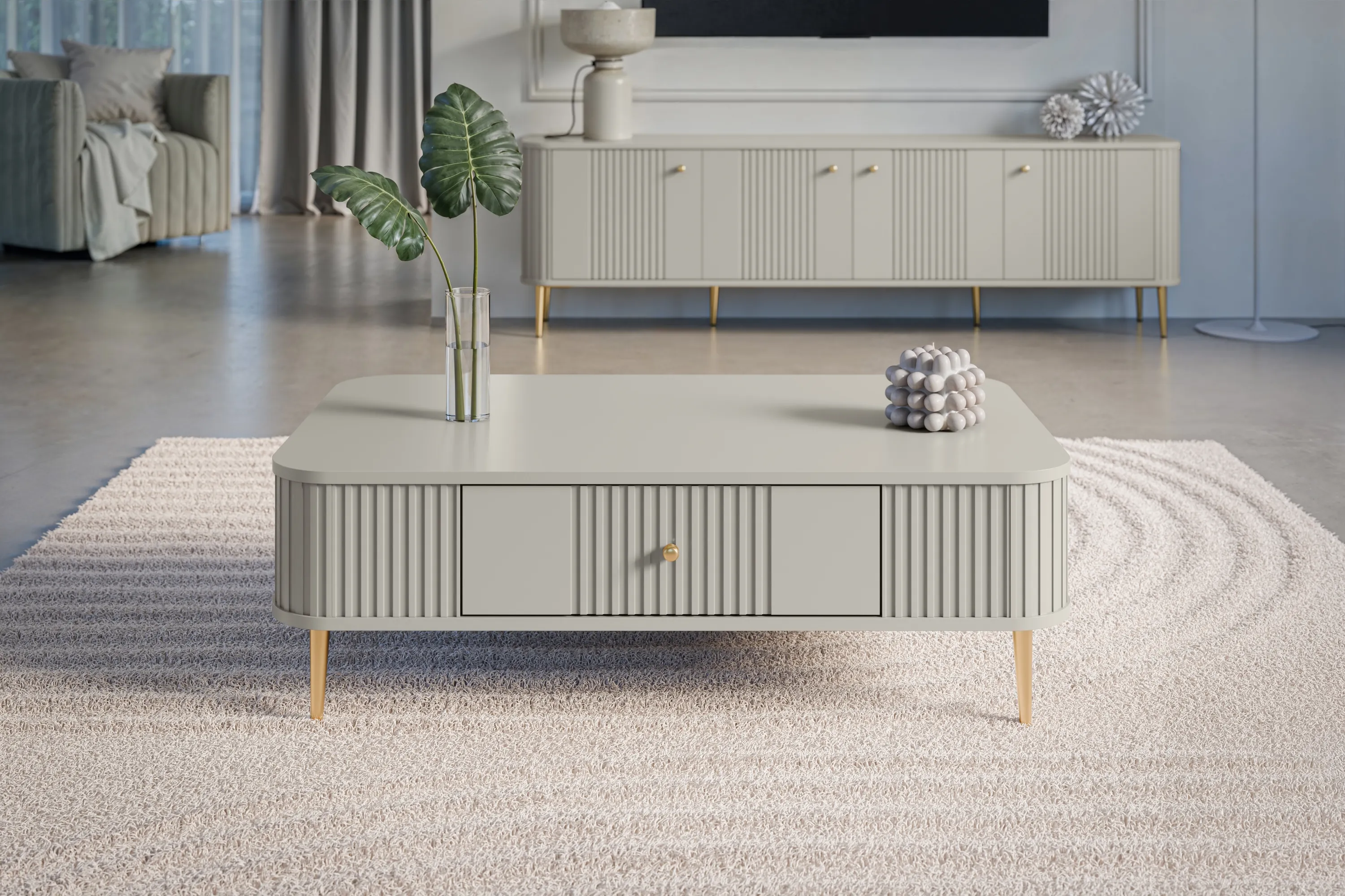 Stolik kawowy z szufladą VESPER 103 ryflowany front cashmere złote nogi - B_163798