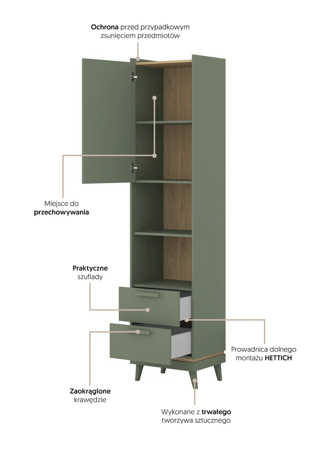 Regał 1-drzwiowy z 2 szufladami SCANDI 88 zielony-dąb olejowany - 24GDOH88
