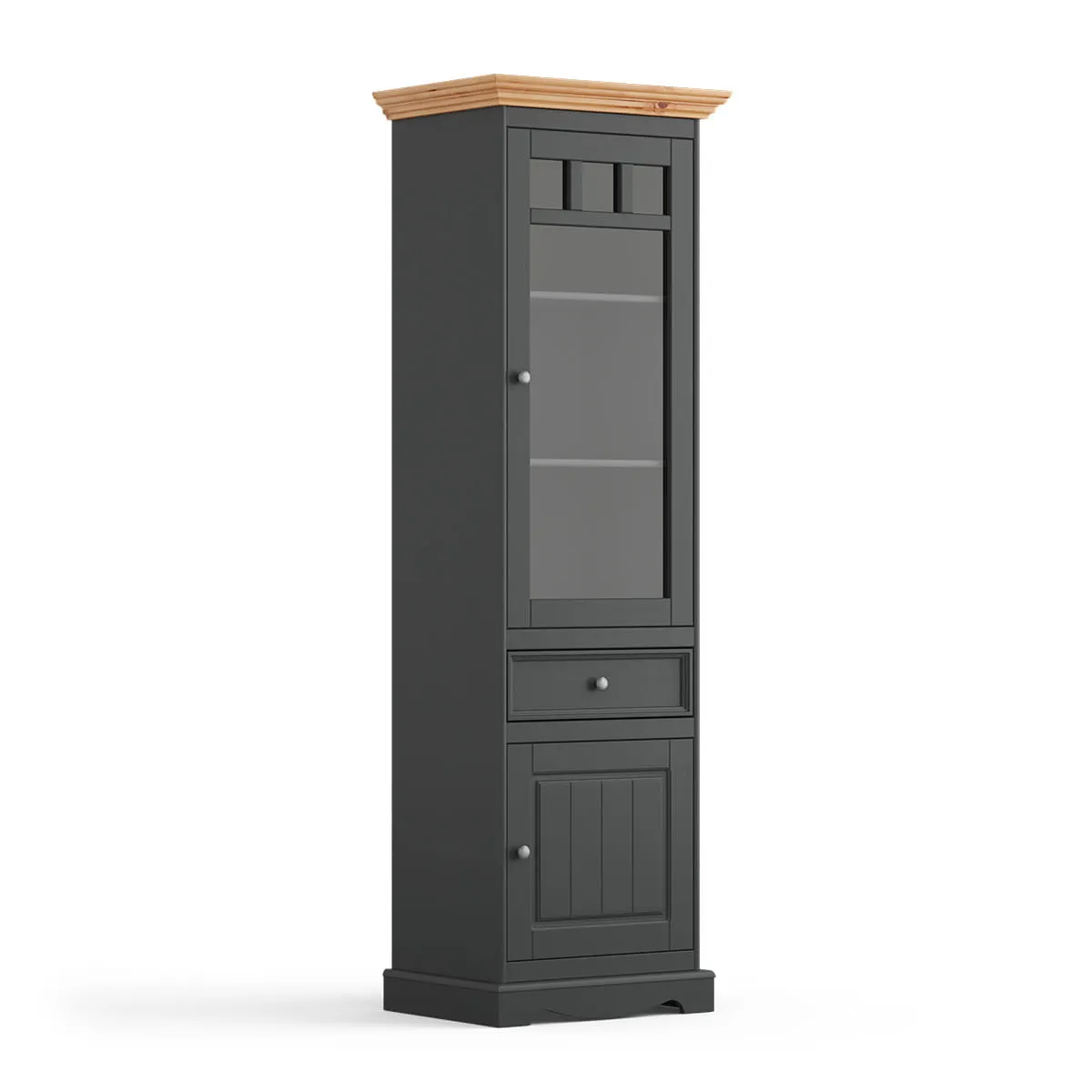 Witryna wąska BELLUNO ELEGANTE 2-drzwiowa z szufladą grafit - naturalna sosna Witryna wąska BELLUNO ELEGANTE 2-drzwiowa z szufladą grafit - naturalna sosna