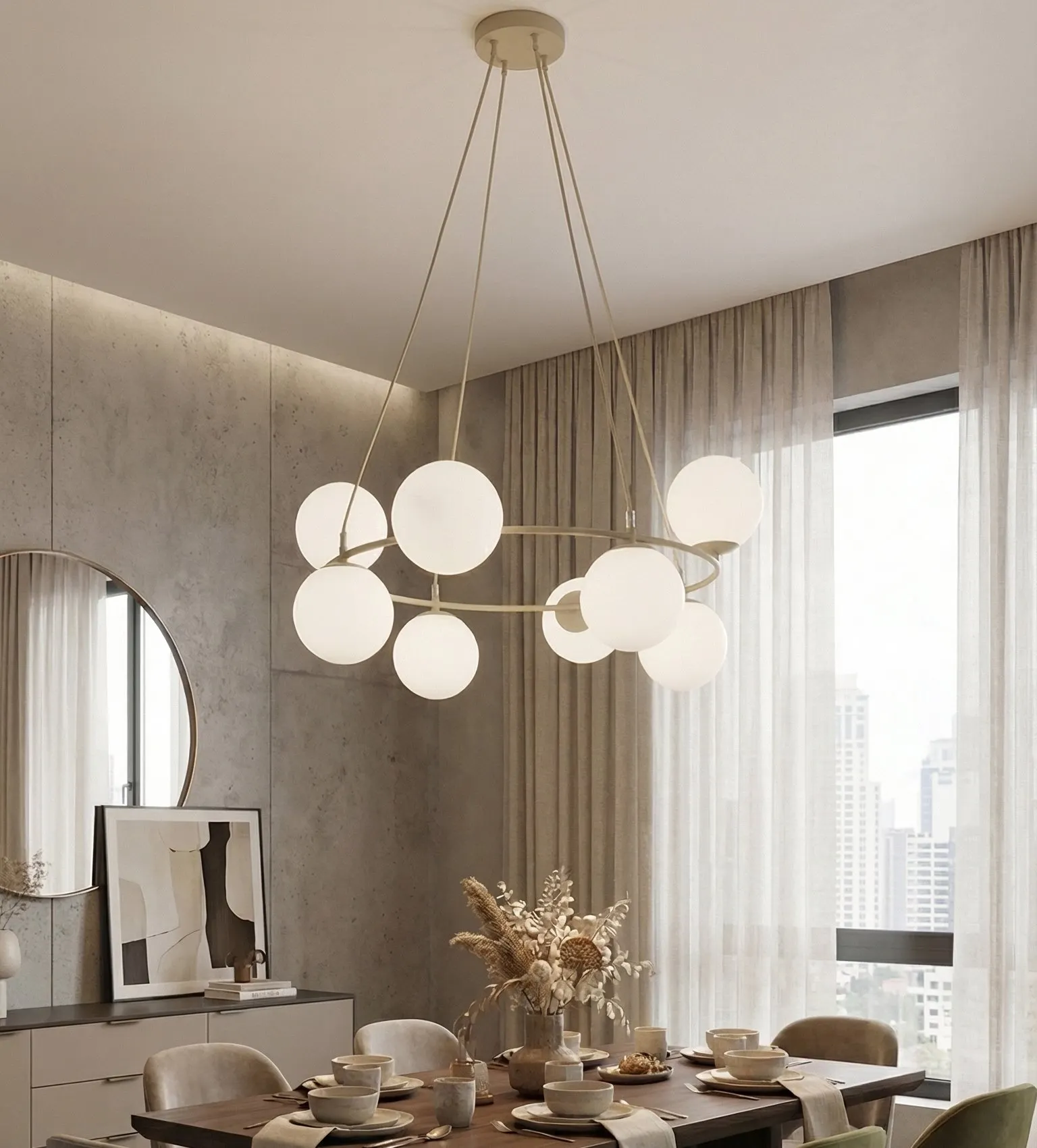 image lampa wisząca, kule, konstrukcja metalowa, jadalnia, oświetlenie sufitowe