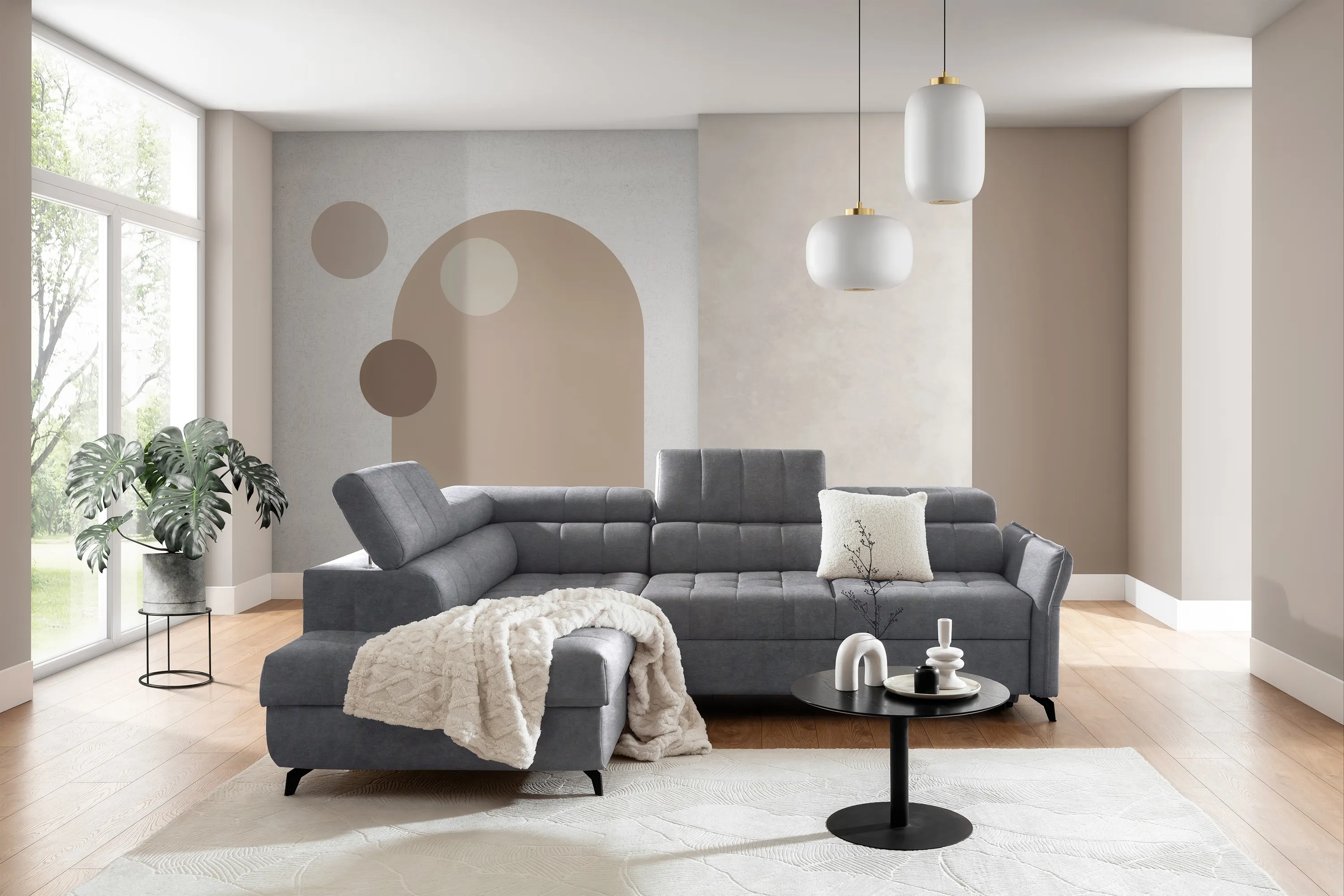 Narożnik rozkładany lewostronny ELARIAS (Cloud 82) 250x200 cm regulowane zagłówki i podłokietniki szary - B_162010