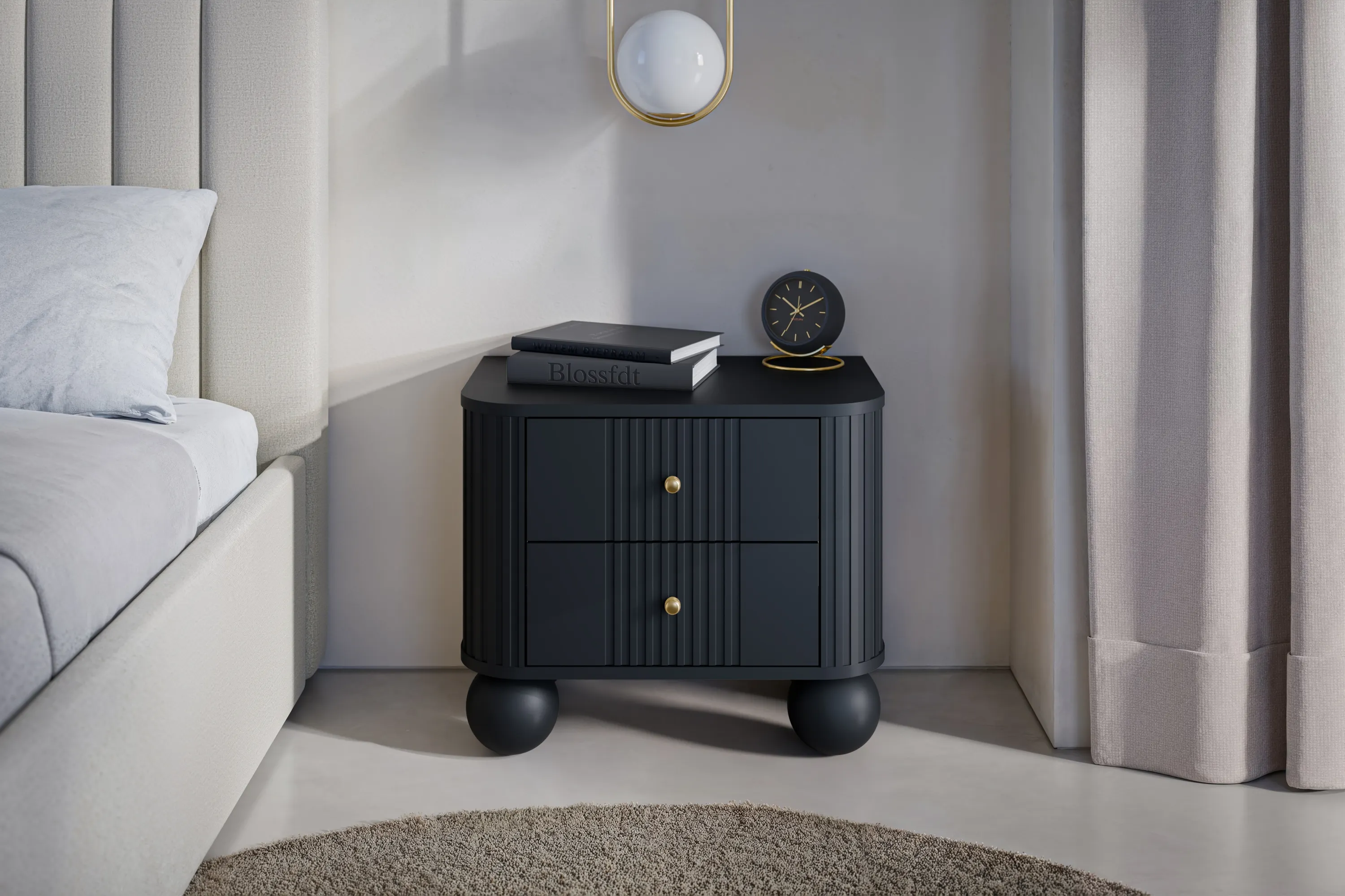 Szafka nocna z 2 szufladami VESPER 56 zestaw 2 sztuk ryflowany front czarny złote uchwyty nogi kule - B_163847