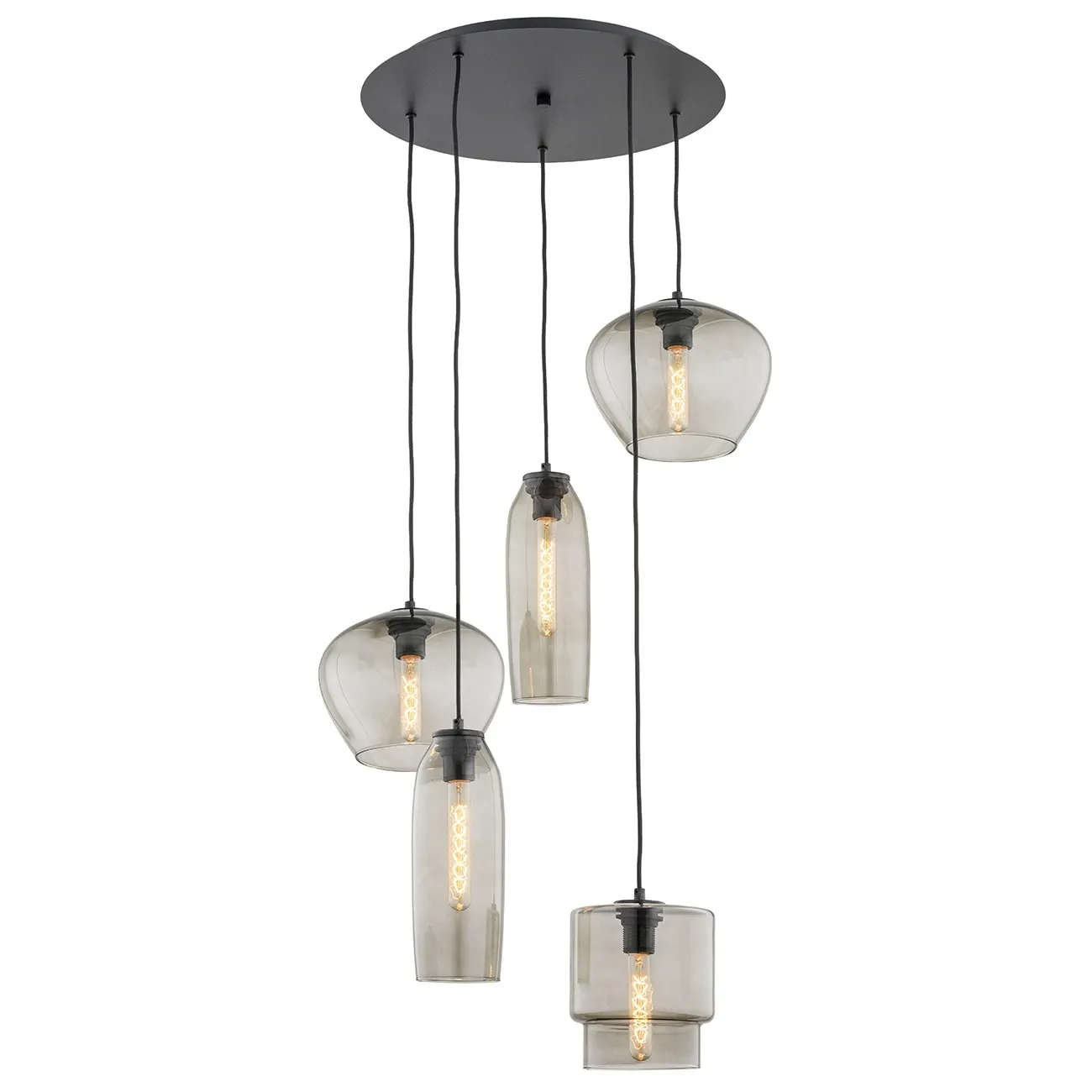 Lampa wisząca SERAFINO czarny dymione różnokształtne klosze 150x60cm