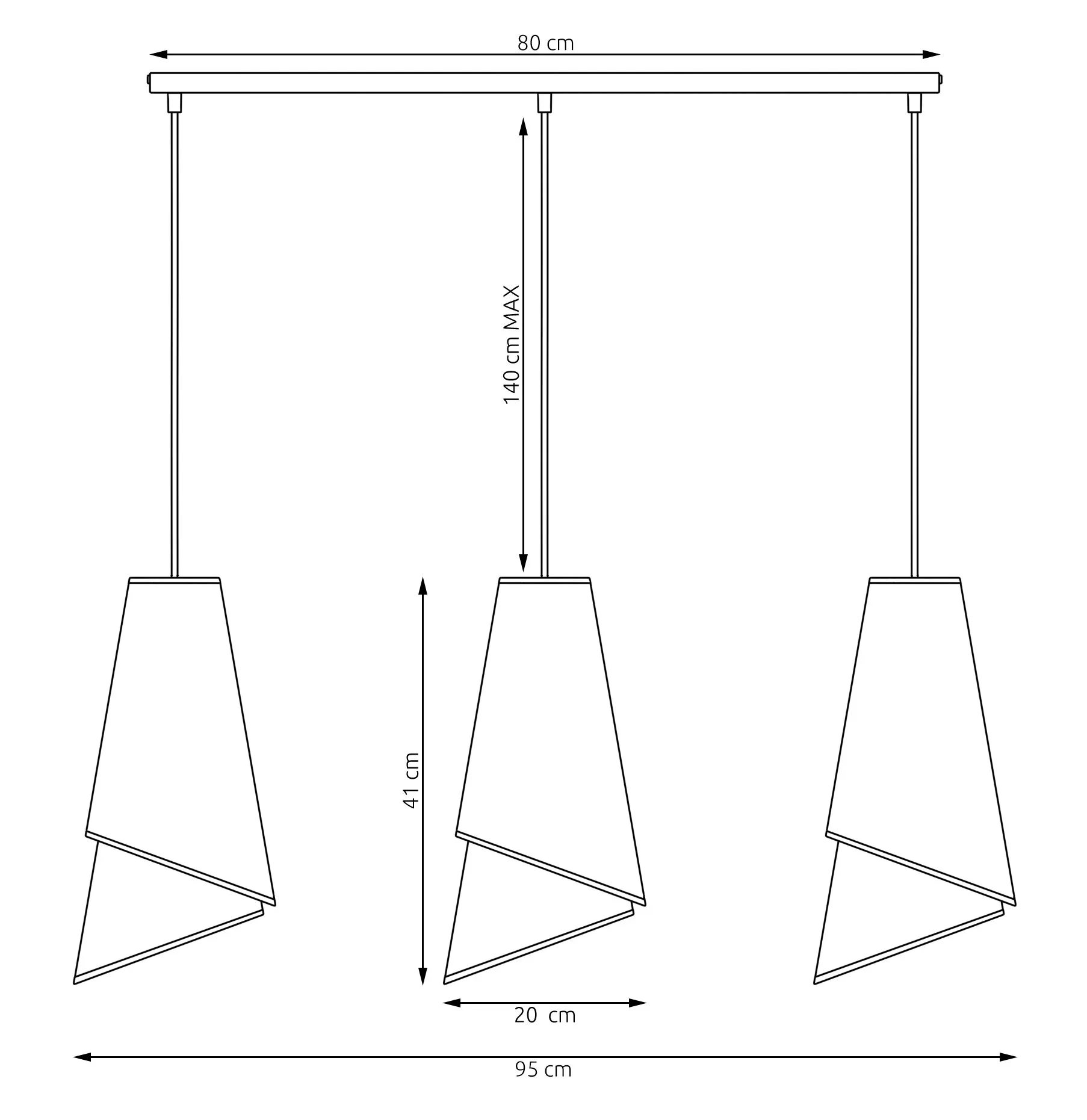 lampa wisząca, pendant lamp, trzy źródła światła, abażur geometryczny, konstrukcja metalowa