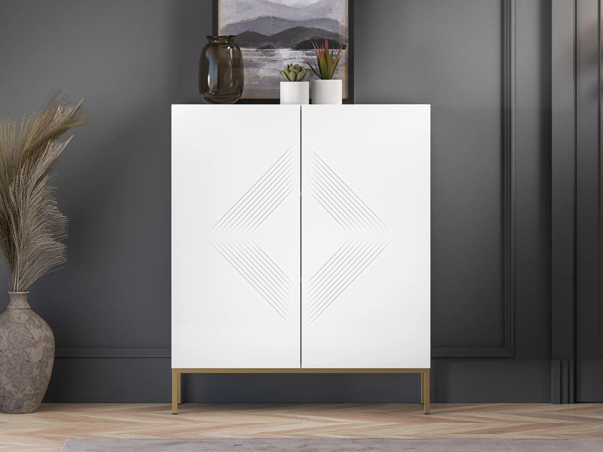 Komoda wysoka 2-drzwiowa CLEARING 01 biały alpejski, podstawa-złoty - 1CLEA01-001-03