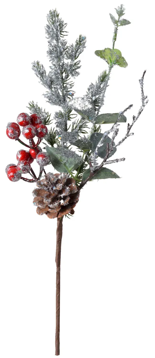 Gałązka sosnowa ze srebrnym śniegiem, szyszką i owocami 3179 zielona