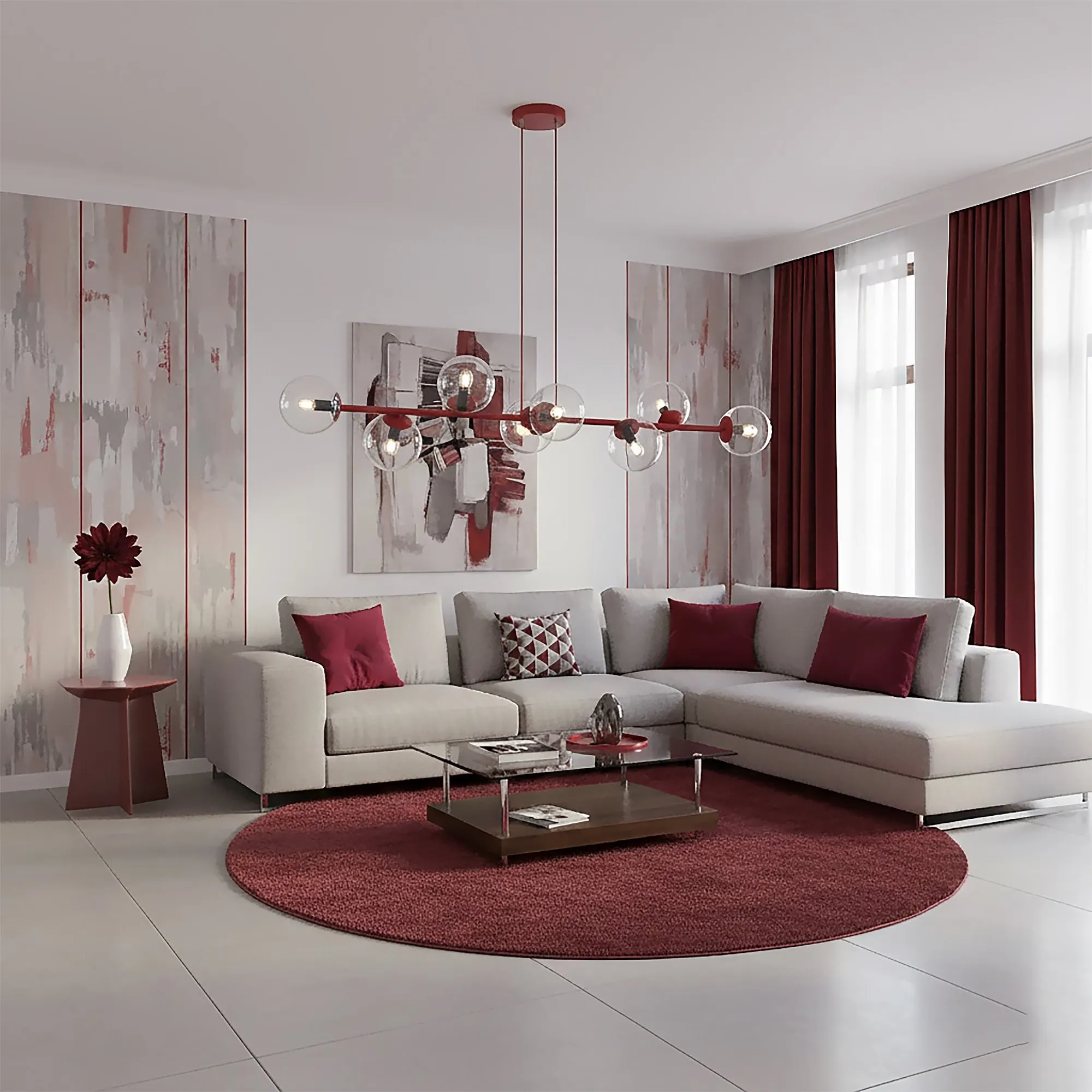 sofa, living room, red accents, round rug, bedroom decor