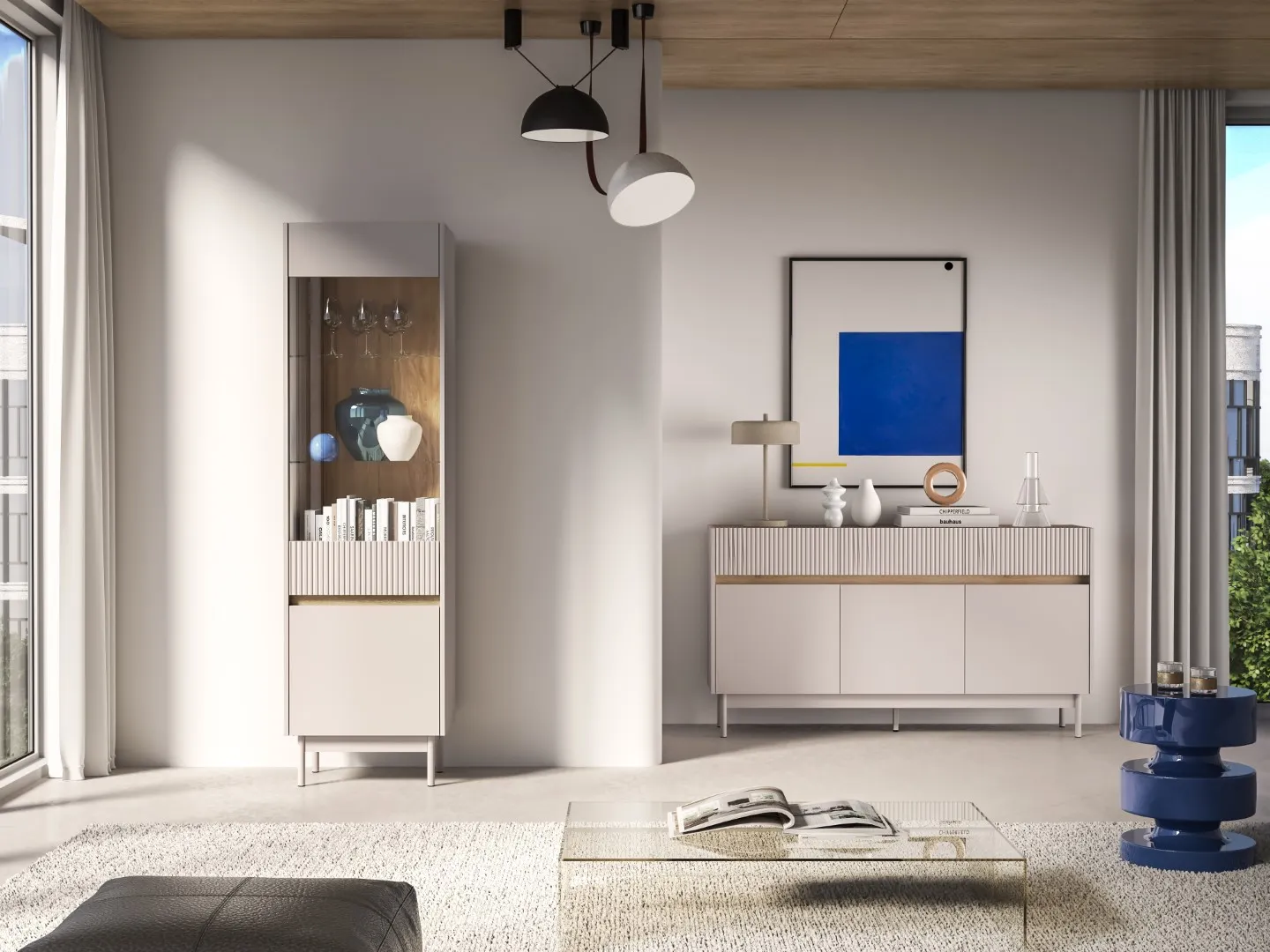 Witryna szklana 2-drzwiowa DUNEA 196x55 ryflowana kaszmir - dąb cremona - 1DUNE02-001