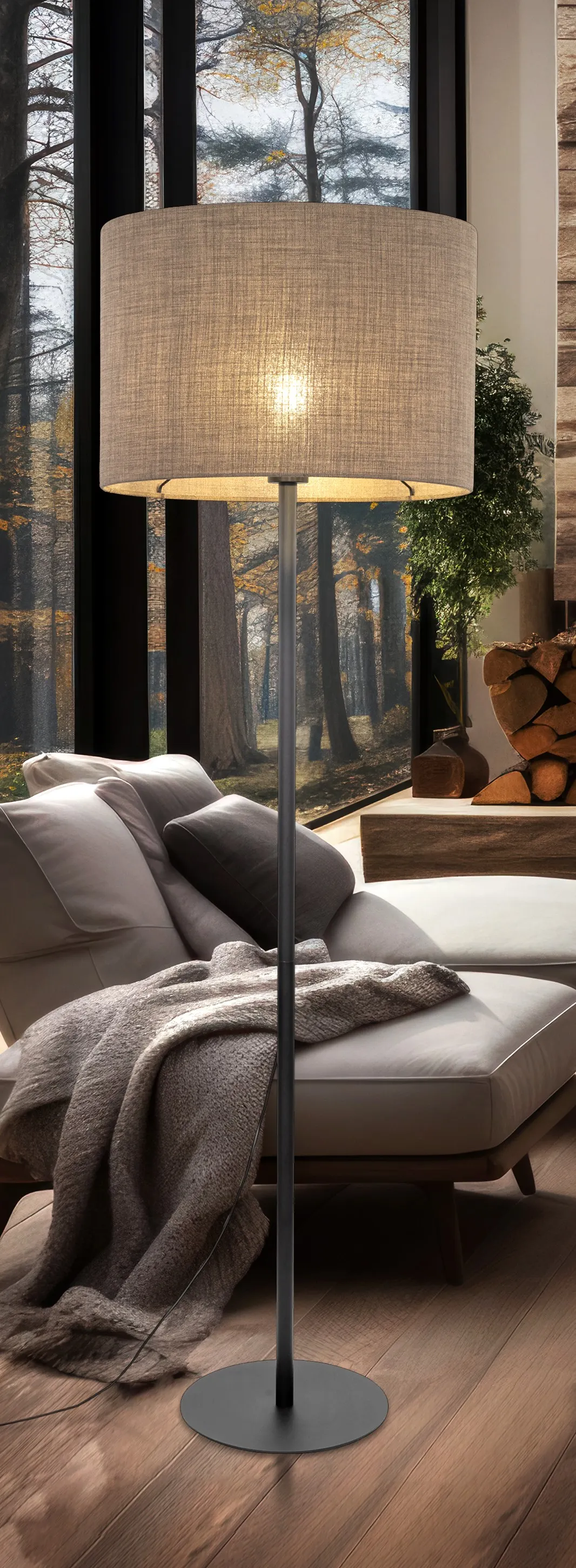 Lampa wisząca Earth na czarnym przewodzie i podstawie klosz okrągły brązowy z tkaniny z białym 110x50cm - TK_10101