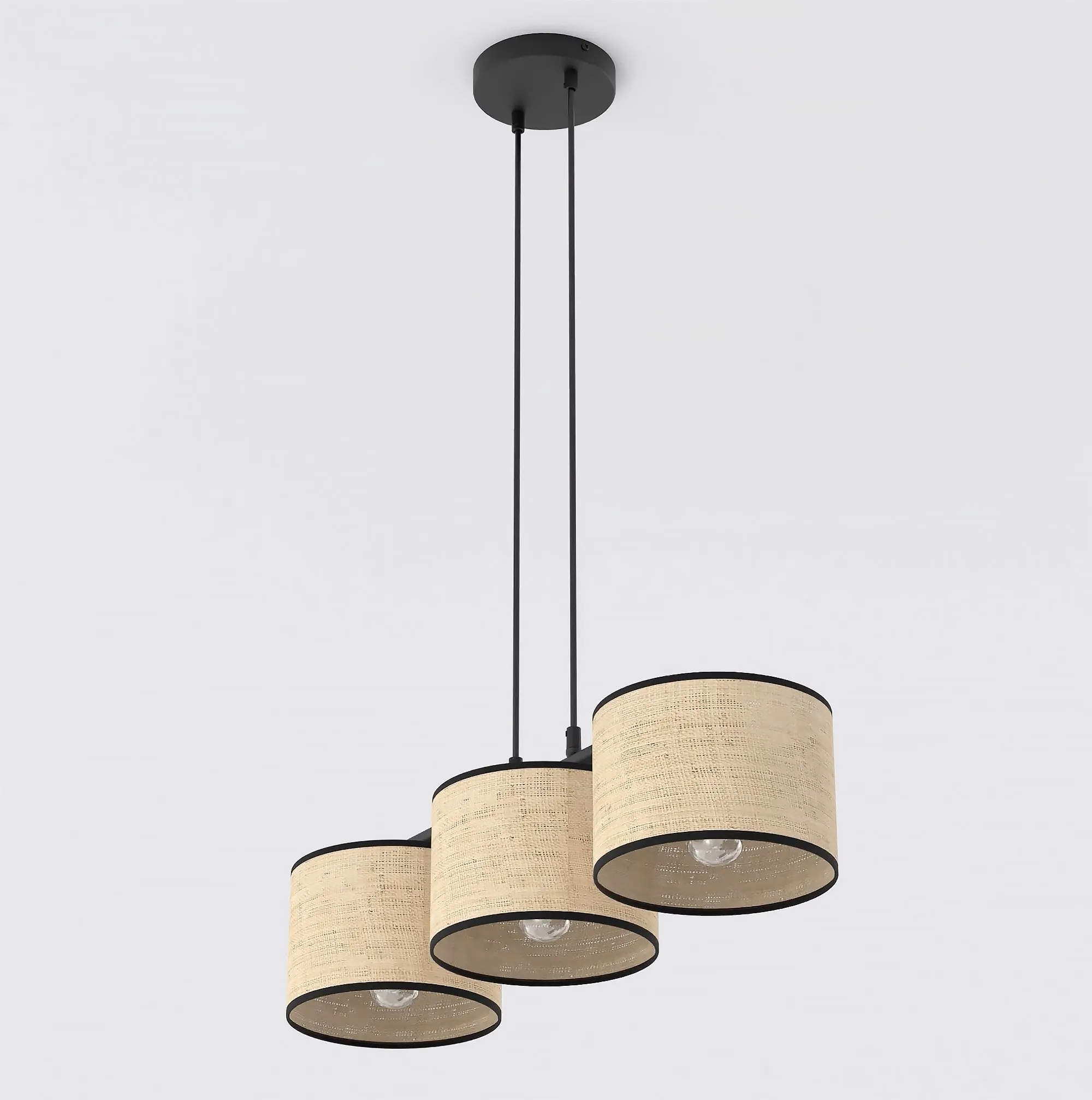 lampa wisząca, 3-podwieszane, koszowe abażury, czarna rama, klosz naturalny
