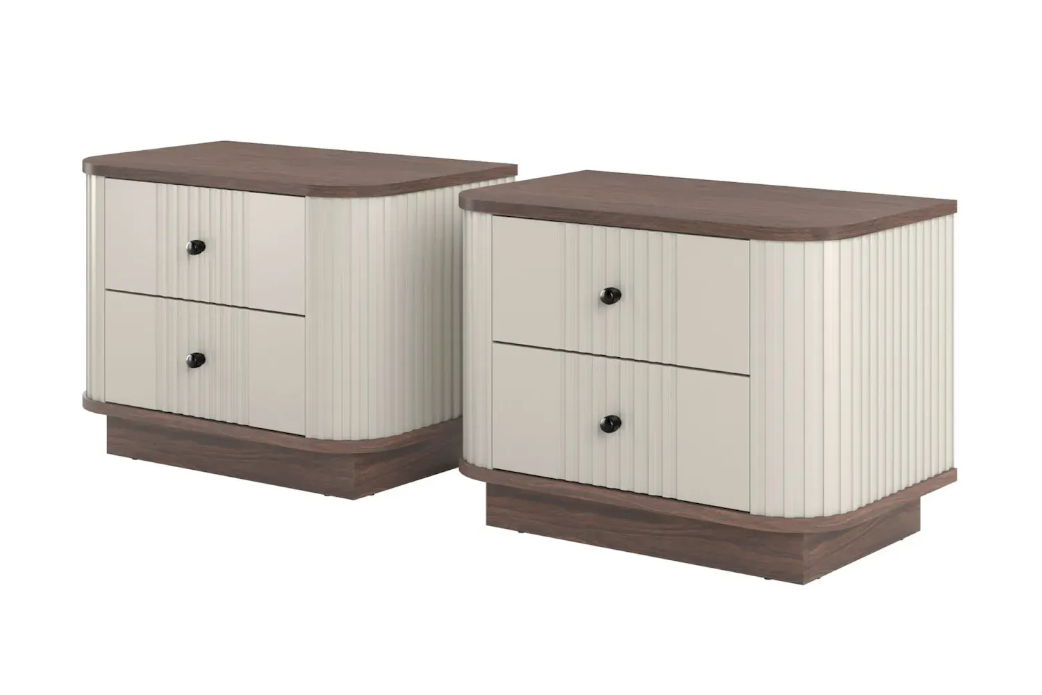 Zestaw szafka nocna z 2 szufladami VESPER 2-set ryflowany front - cashmere orzech czarne uchwyty cokół