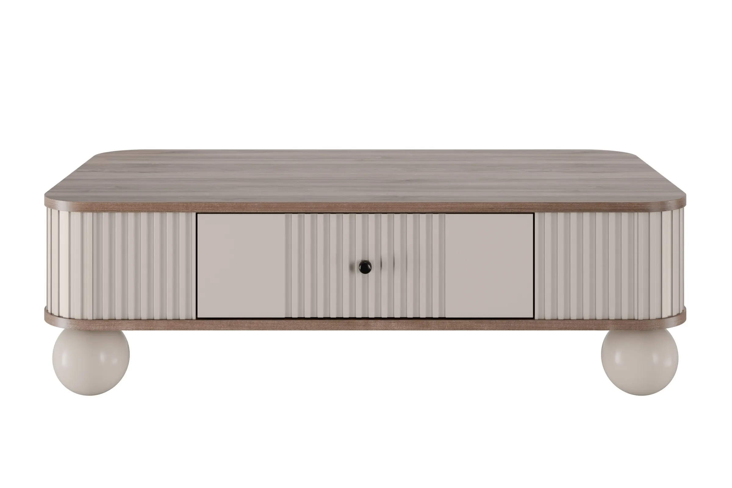 Stolik kawowy z szufladą VESPER 103 ryflowany front cashmere orzech czarne uchwyty nogi kule - B_163812