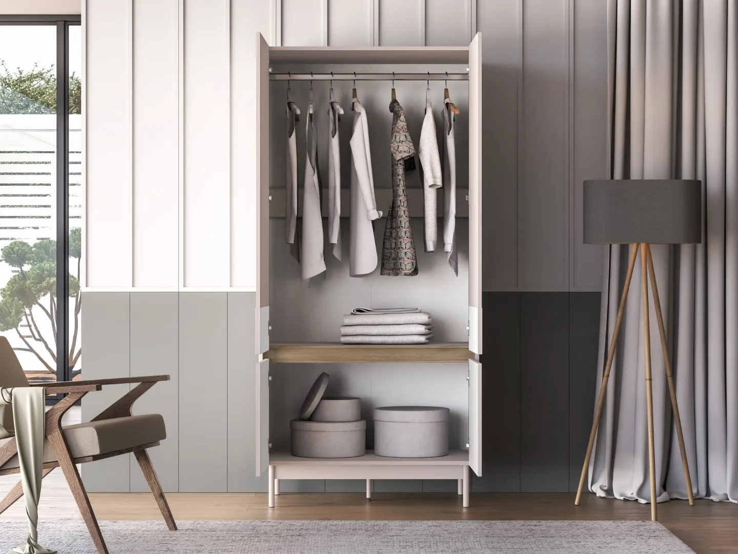 Szafa 4-drzwiowa z drążkiem DUNEA 196x92 ryflowana kaszmir - dąb cremona - 1DUNE01-001