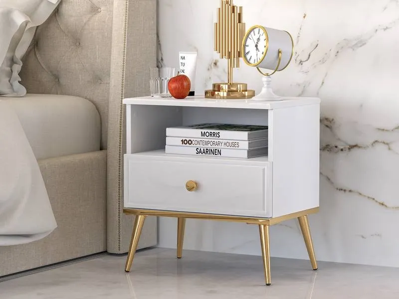 Szafka nocna z szufladą GOLDIN 07 biały połysk na złotych nogach - 1GOLD07-001