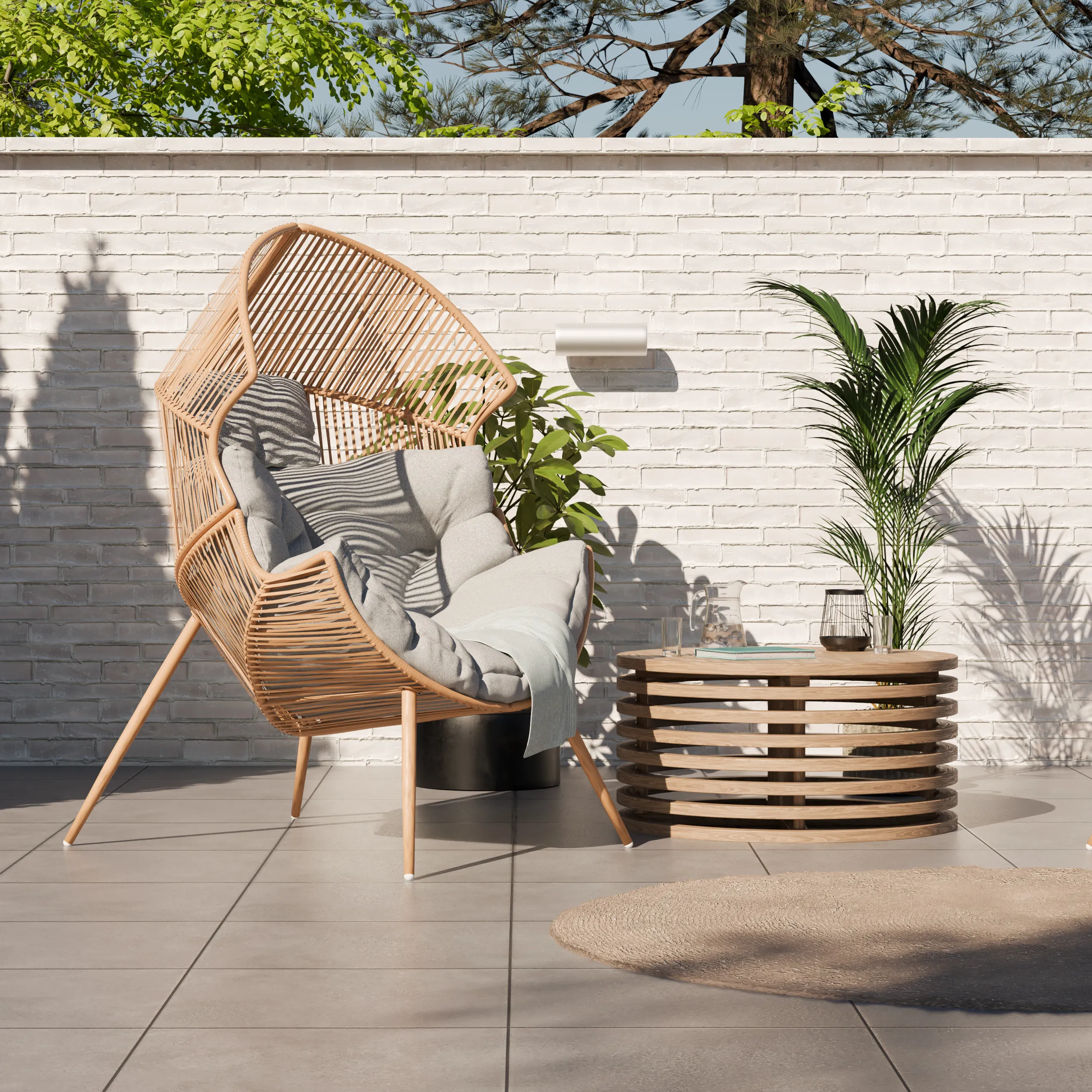 Fotel ogrodowy technorattanowy SUMMERY kokon z szarą poduszką naturalny Zenjoy — zdjęcie 9