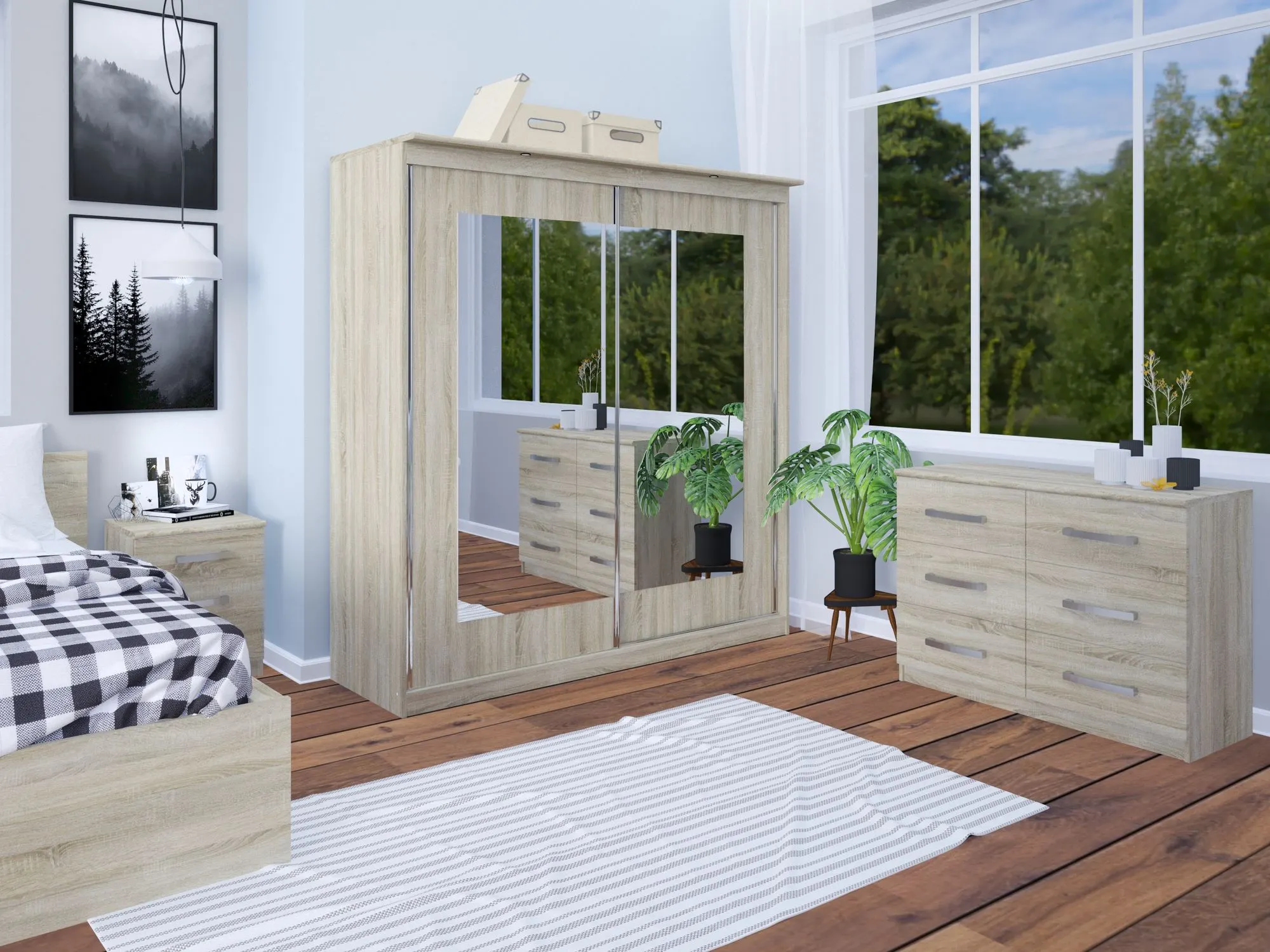 Szafa 2-drzwiowa z 2 lustrami MORTY 180cm drzwi przesuwne dąb sonoma - INT_5001990DOS1