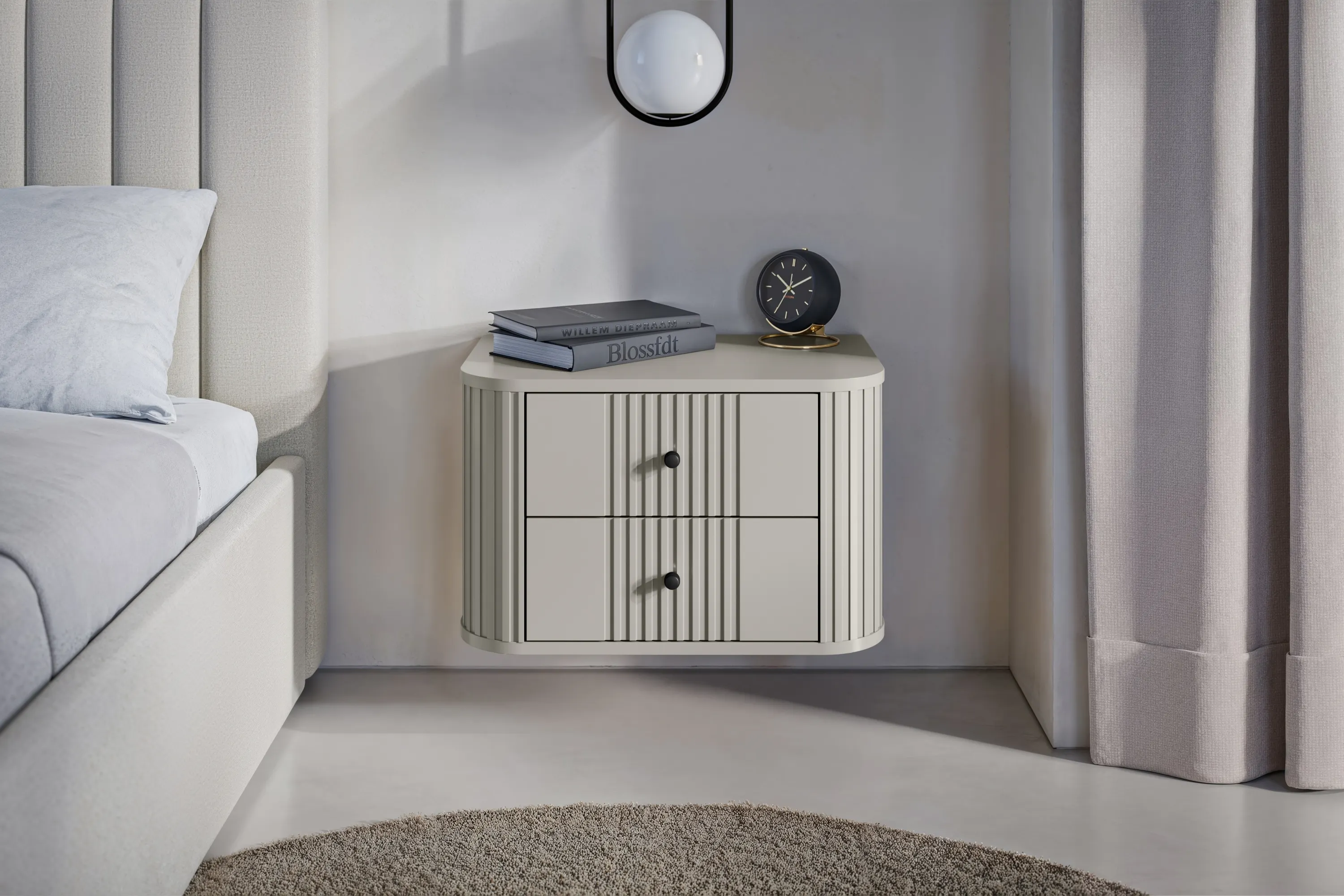 Szafka nocna wisząca z 2 szufladami VESPER 56 zestaw 2 sztuk ryflowany front - cashmere czarne uchwyty - B_163835