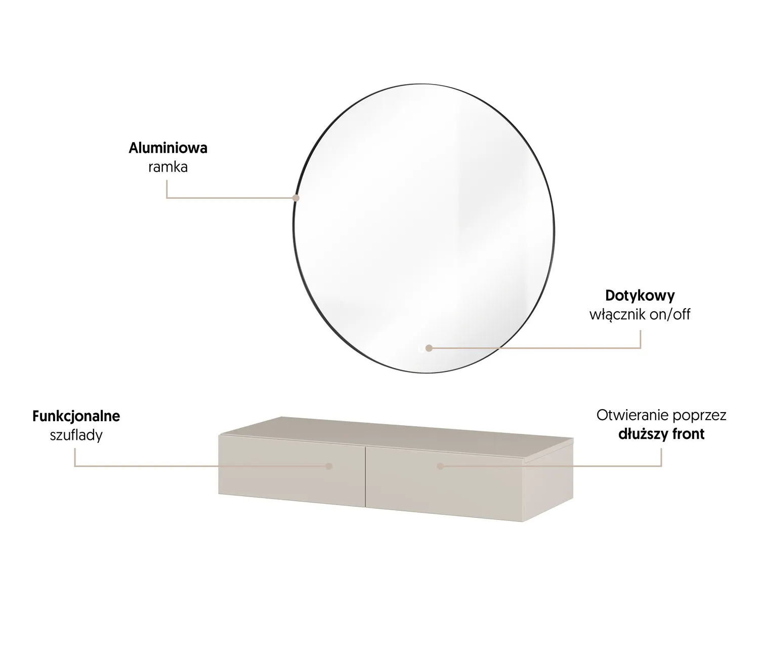 Toaletka wisząca z okrągłym lustrem JUKON S kaszmirowa - 24KSND59