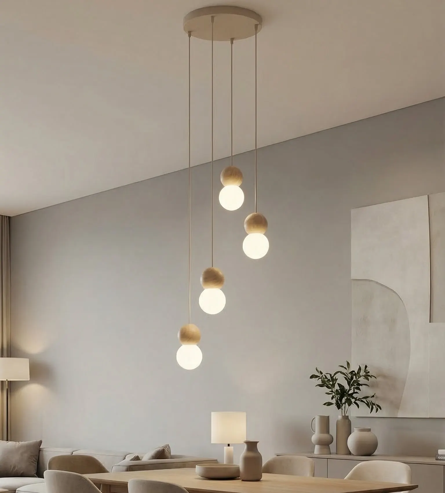 lampa wisząca, półkula, drewniane elementy, zestaw żarówek, kinkiet sufitowy