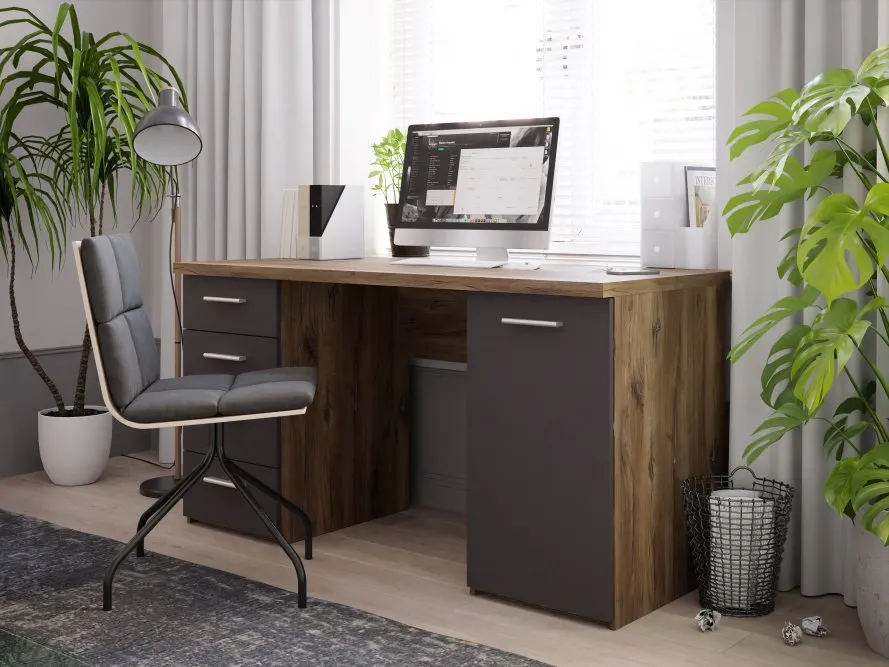 Biurko z szafką i szufladami NET106 145 cm dąb flagstaff/szary - MT926-M564