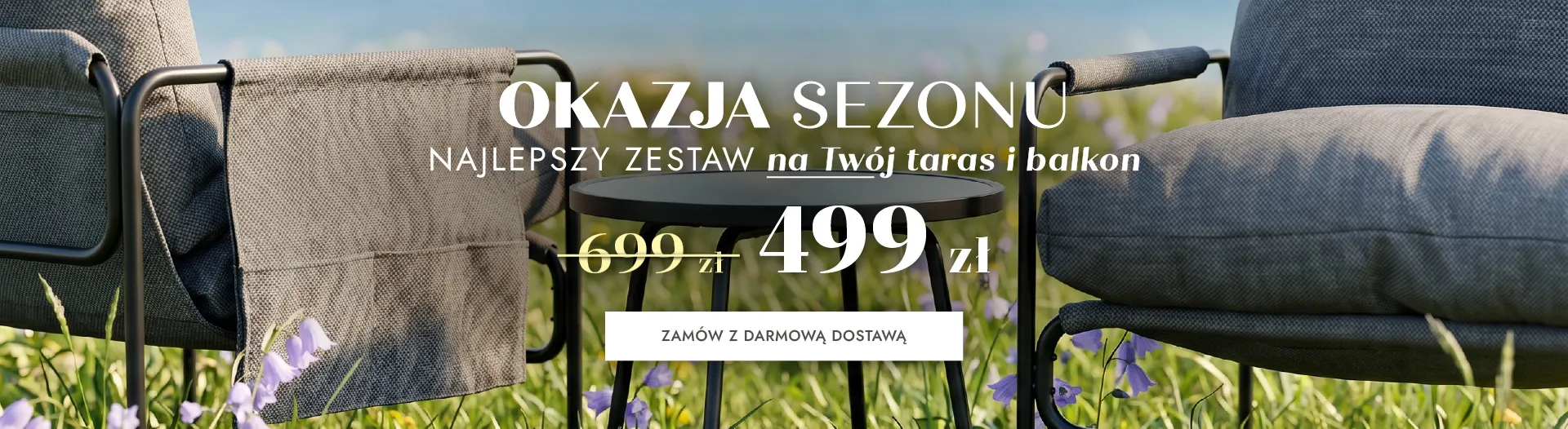 meble ogrodowe, fotel ogrodowy, stolik okrągły, metalowy stelaż, tkanina tekstylna