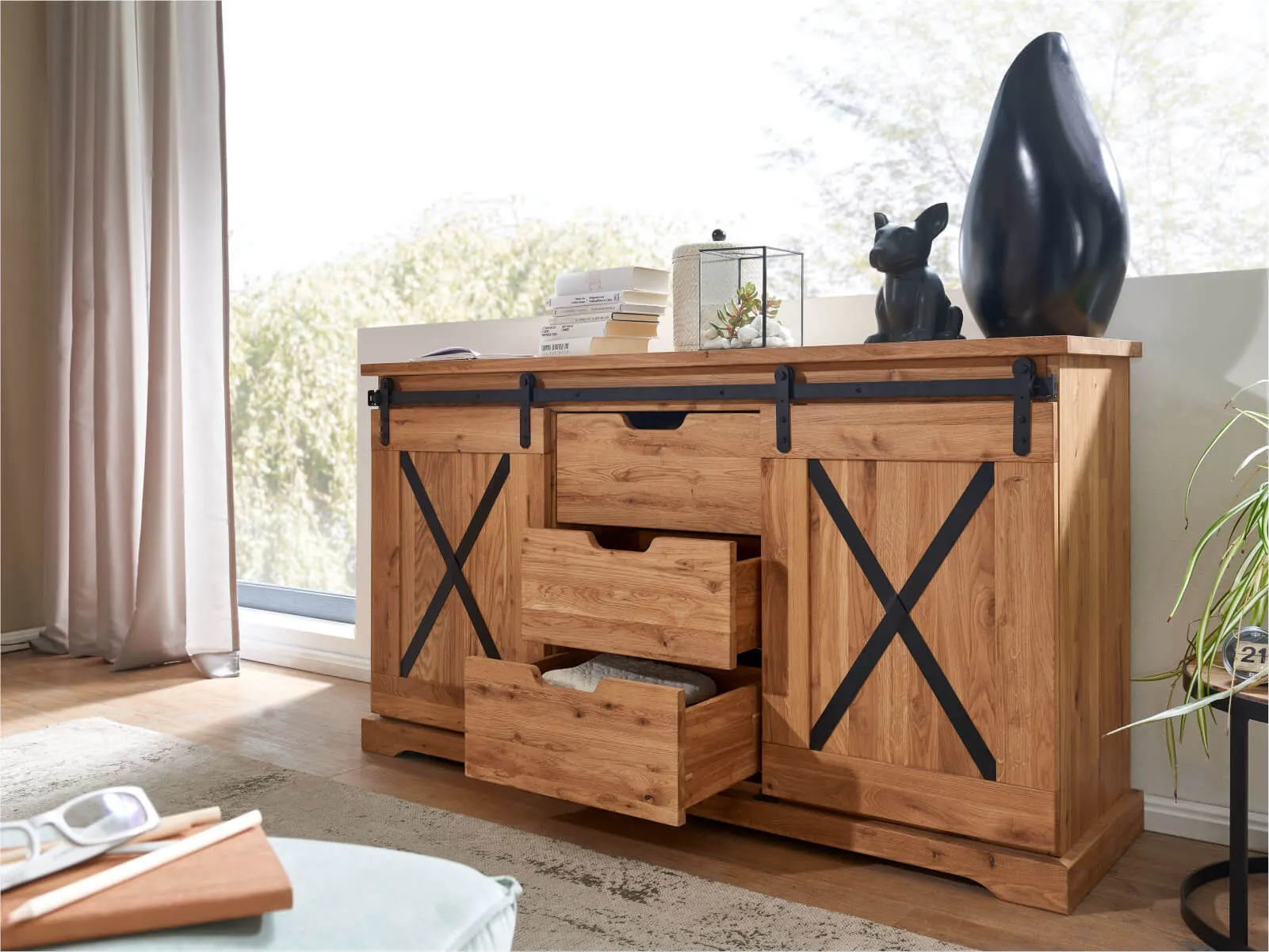 Komoda dębowa TIDY 2-drzwiowa z 3 szufladami 150x83 dąb olejowany - GK_1034240401