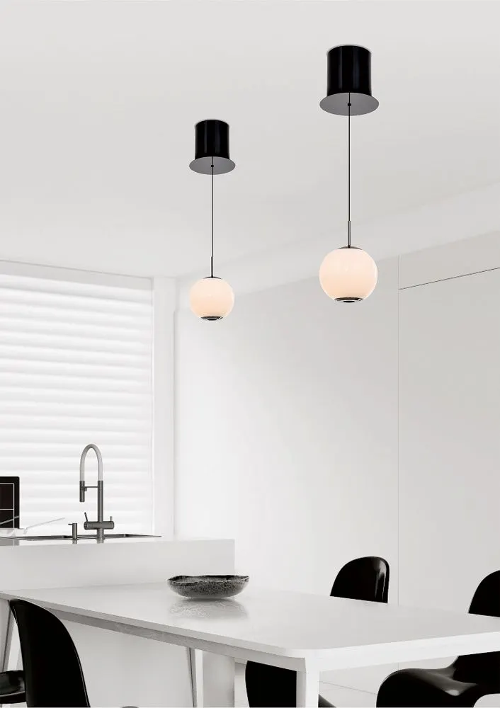 image lampa wisząca, globus szklany, świetlówka wisząca, wyspa kuchennowa, minimalistyczny wystrój