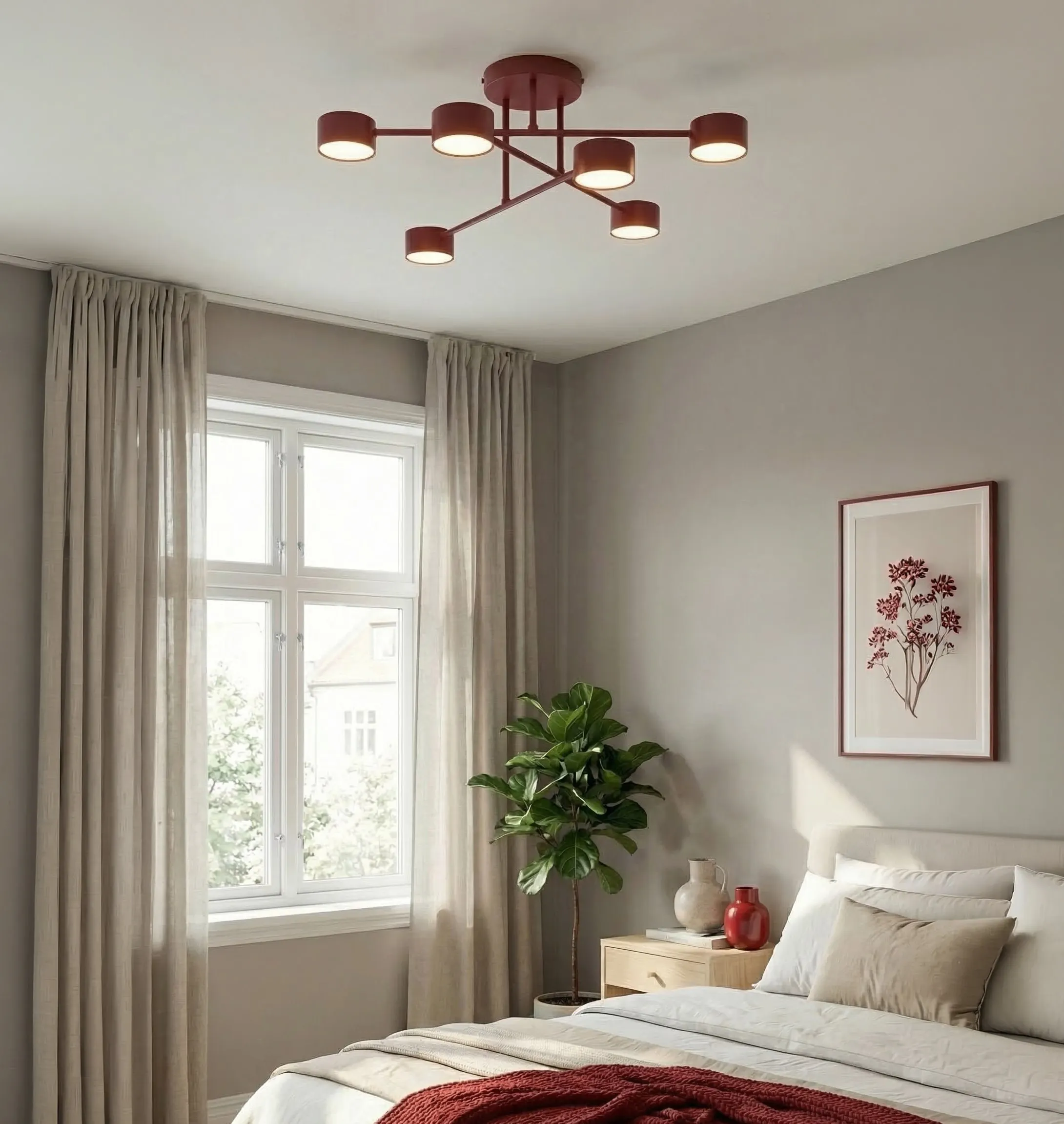 lampa sufitowa, nowoczesny żyrandol, kolor brązowy, wnętrze sypialni, roślina doniczkowa