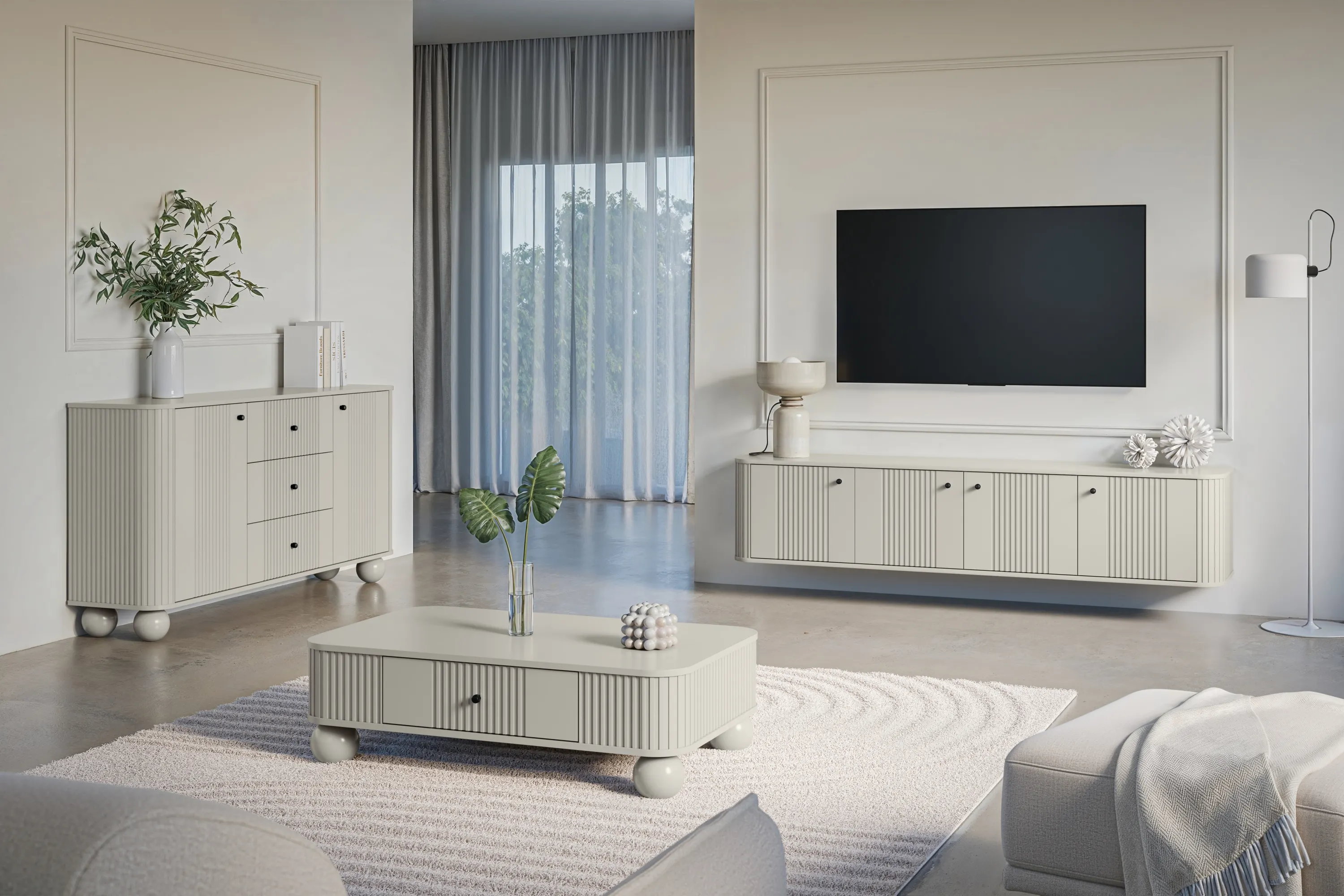 Komoda 2-drzwiowa z 3 szufladami VESPER 160 ryflowany front cashmere czarne uchwyty nogi kule - B_163602