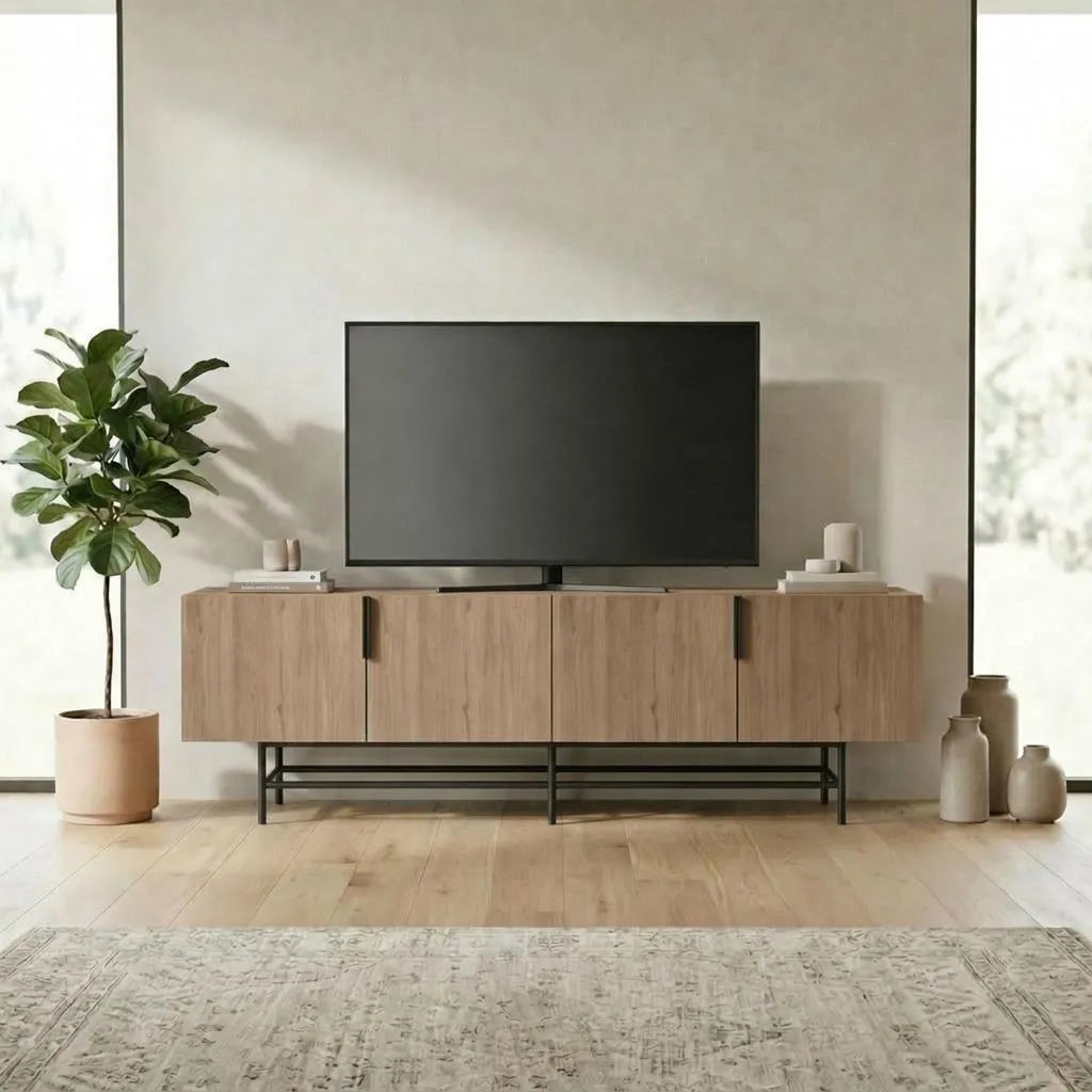 image telewizor, meble TV, konsola drewniana, konsola z metalową podstawą, wnętrze minimalistyczne