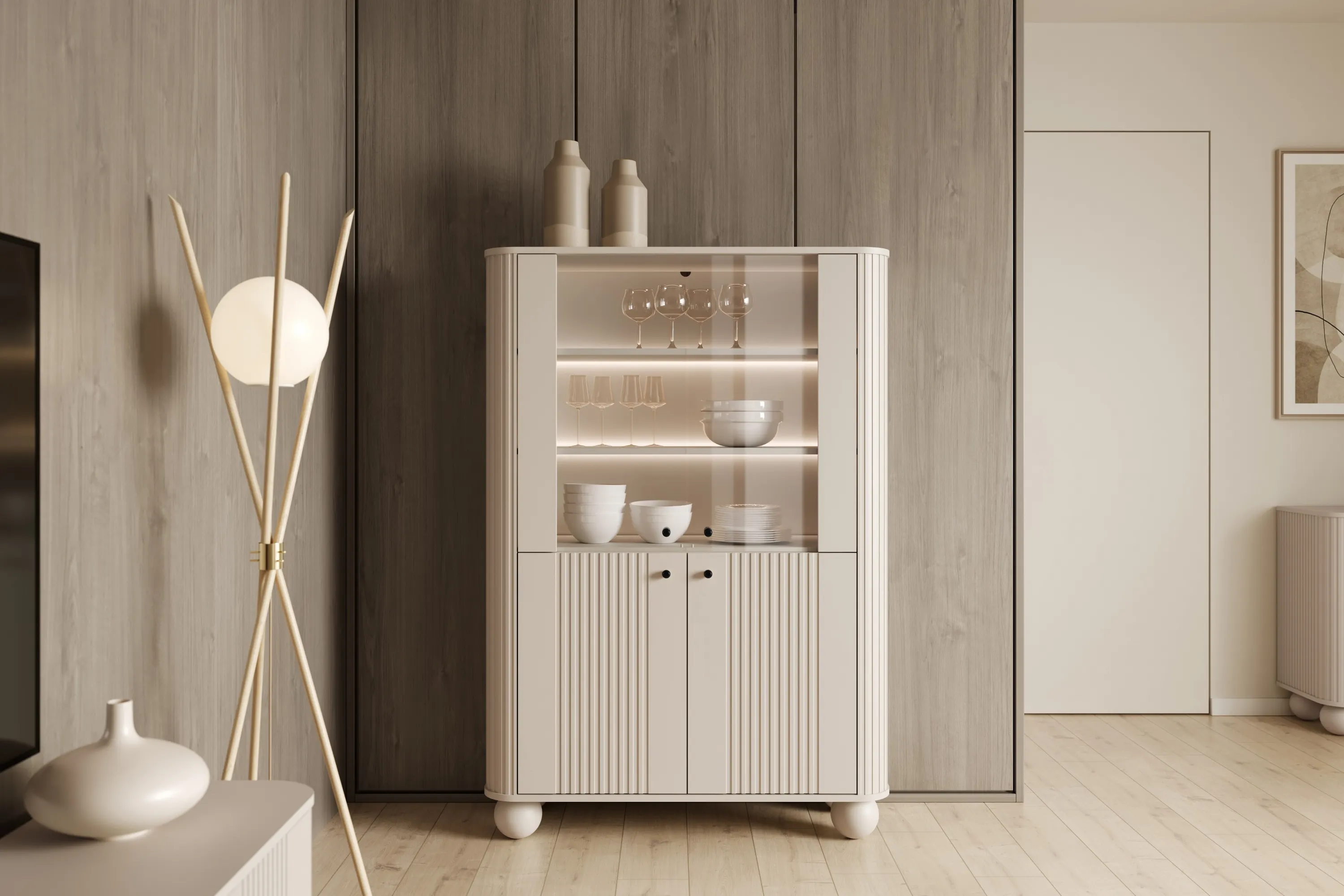 Witryna 4-drzwiowa z oświetleniem VESPER 103 ryflowany front cashmere czarne uchwyty nogi kule - B_167222