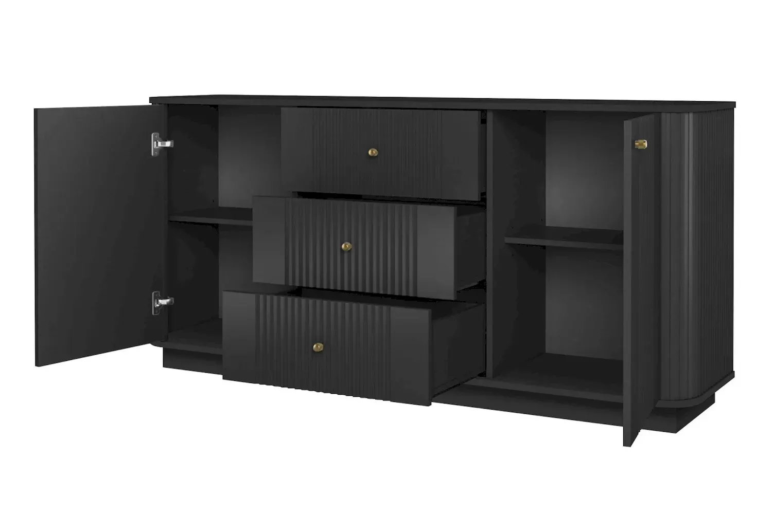 Komoda 2-drzwiowa z 3 szufladami VESPER 160 ryflowany front - czarny złote uchwyty cokół - B_169442
