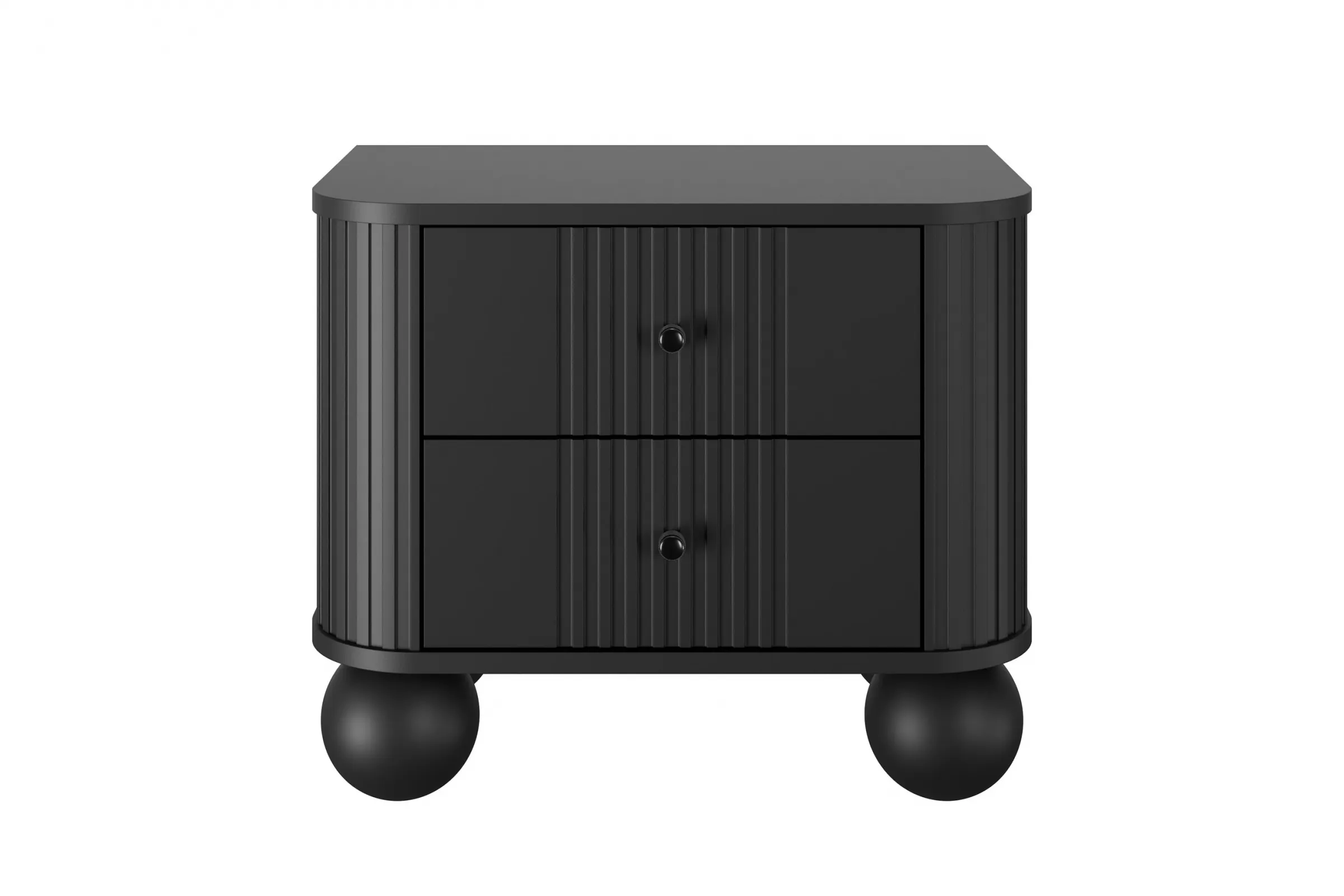 Szafka nocna z 2 szufladami VESPER 56 zestaw 2 sztuk ryflowany front czarny czarne uchwyty nogi kule - B_163849