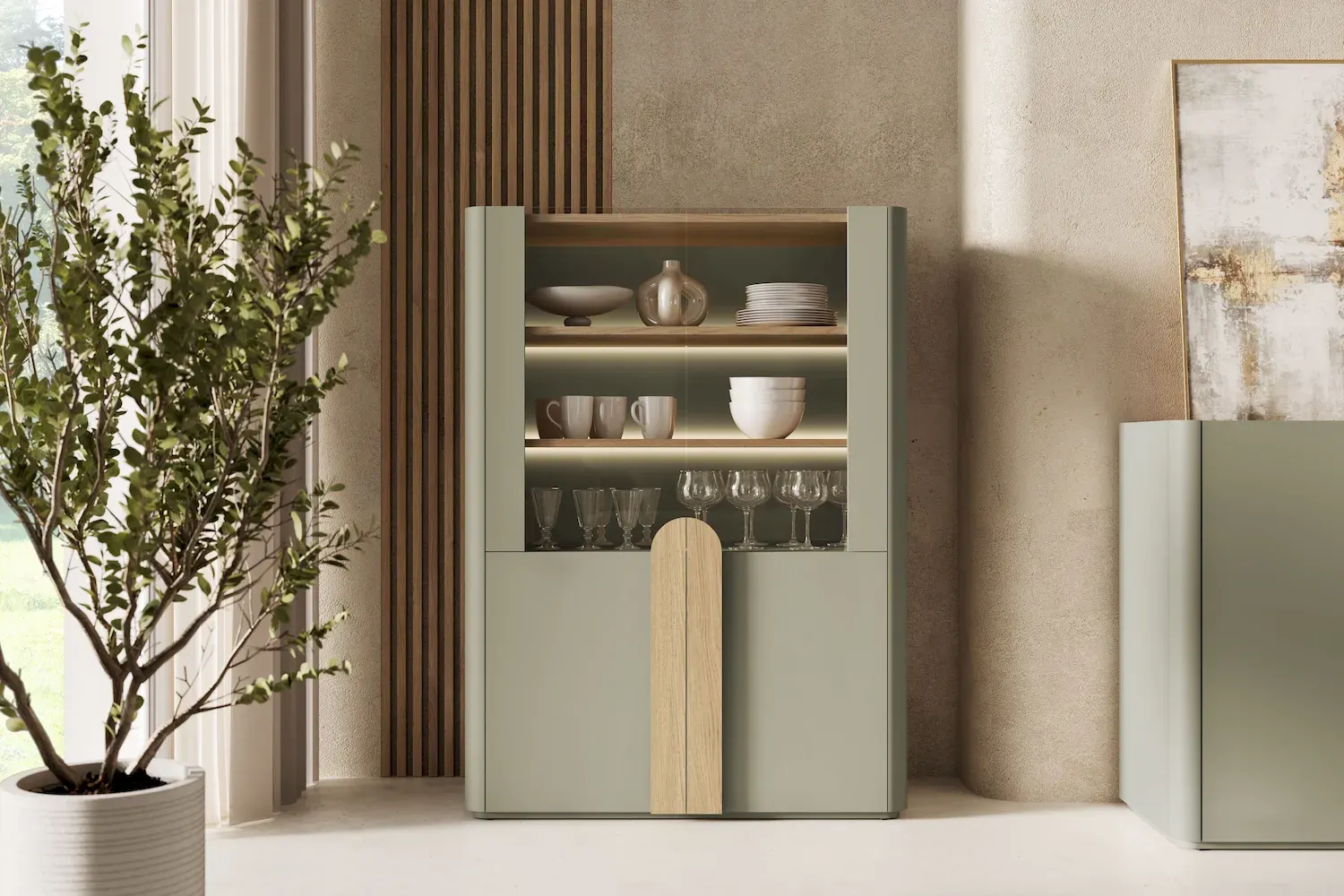 Witryna 2-drzwiowa AMILIO 100 oświetlenie LED - eukaliptus dąb baltic dune uchwyty dąb naturalny - B_167069