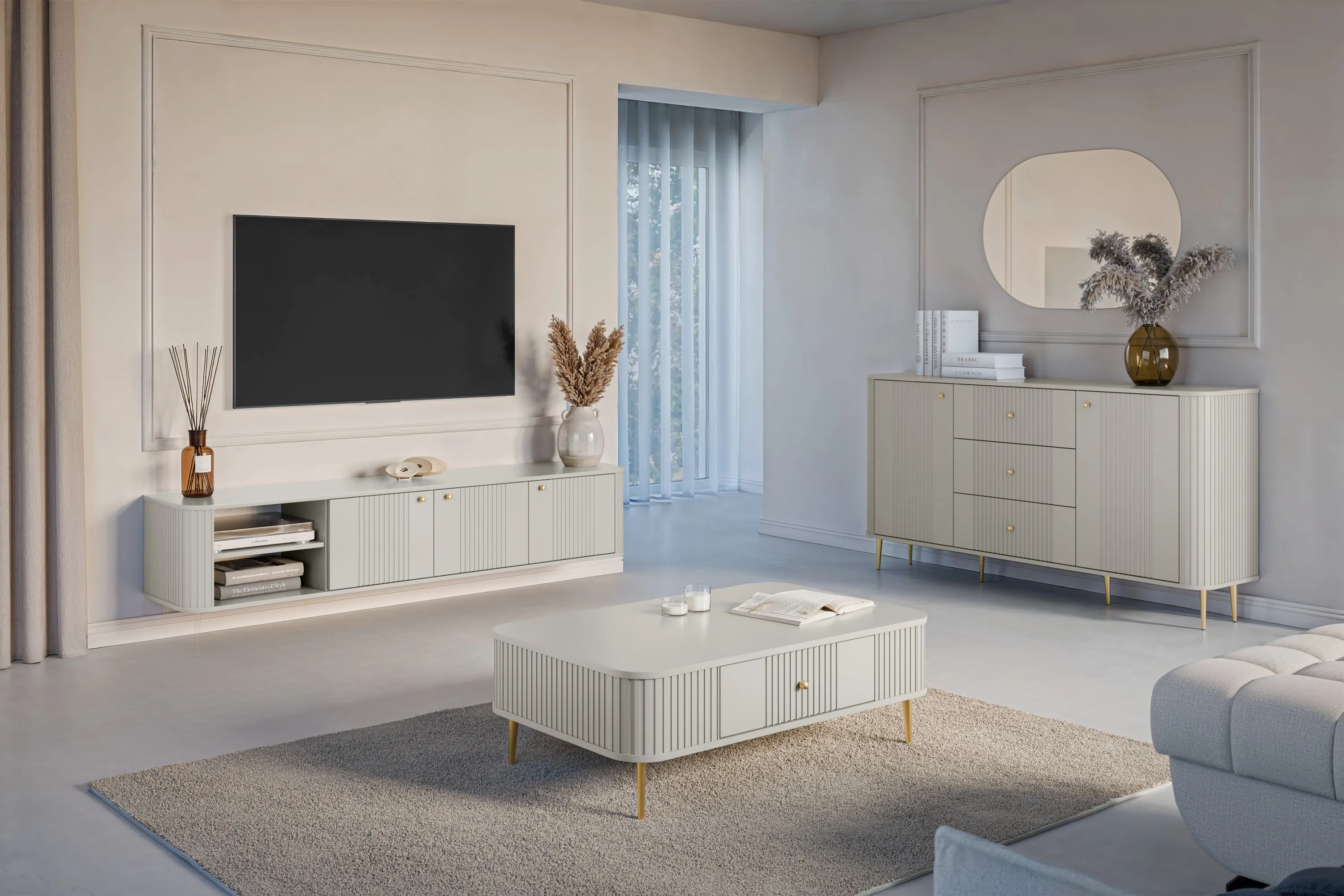 Szafka RTV wisząca 3-drzwiowa VESPER RTV 187 ryflowany front cashmere złote uchwyty - B_163662