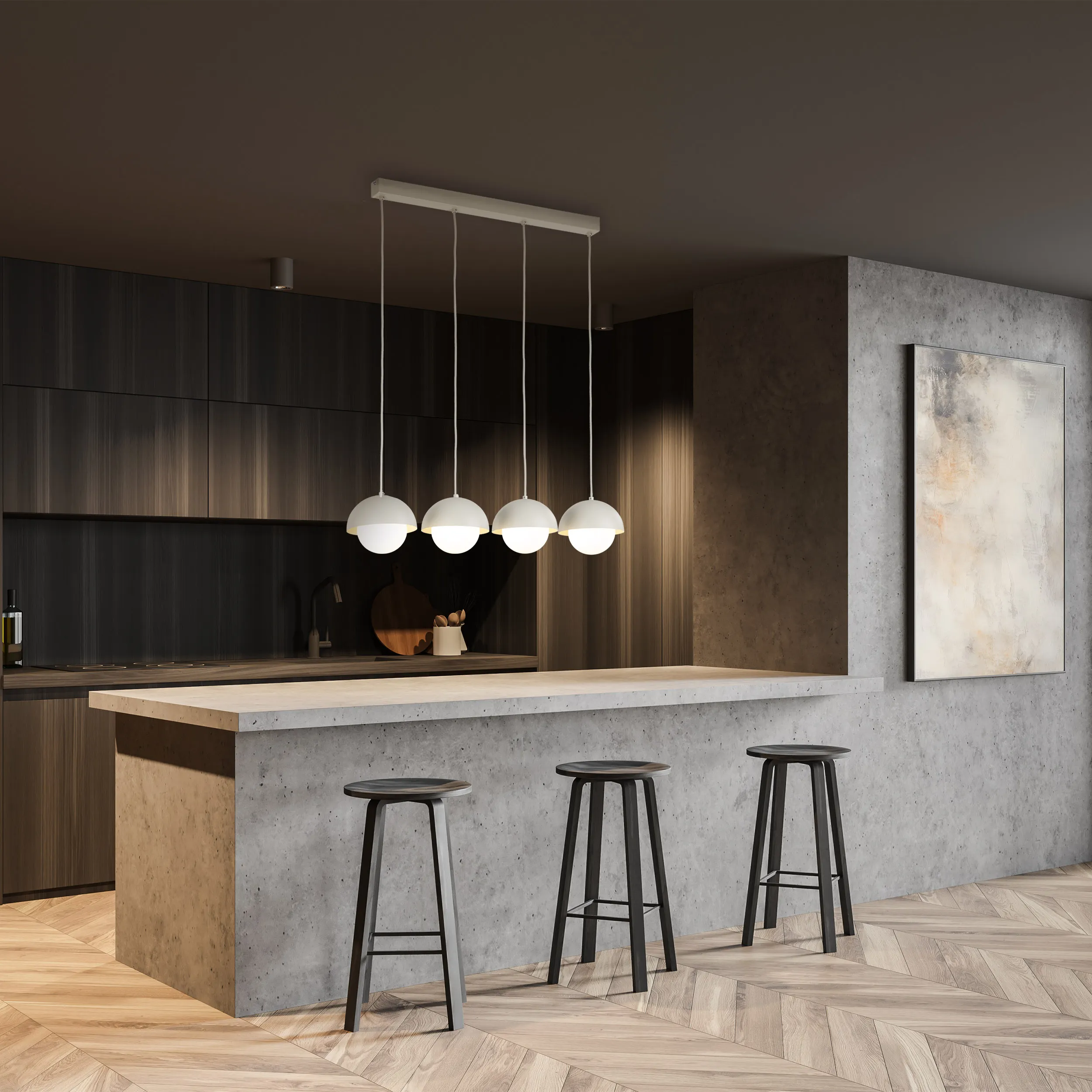 Lampa wisząca BONO beżowa na metalowej listwie z białymi okrągłymi szklanymi kloszami 120x100x17cm - TK_10213