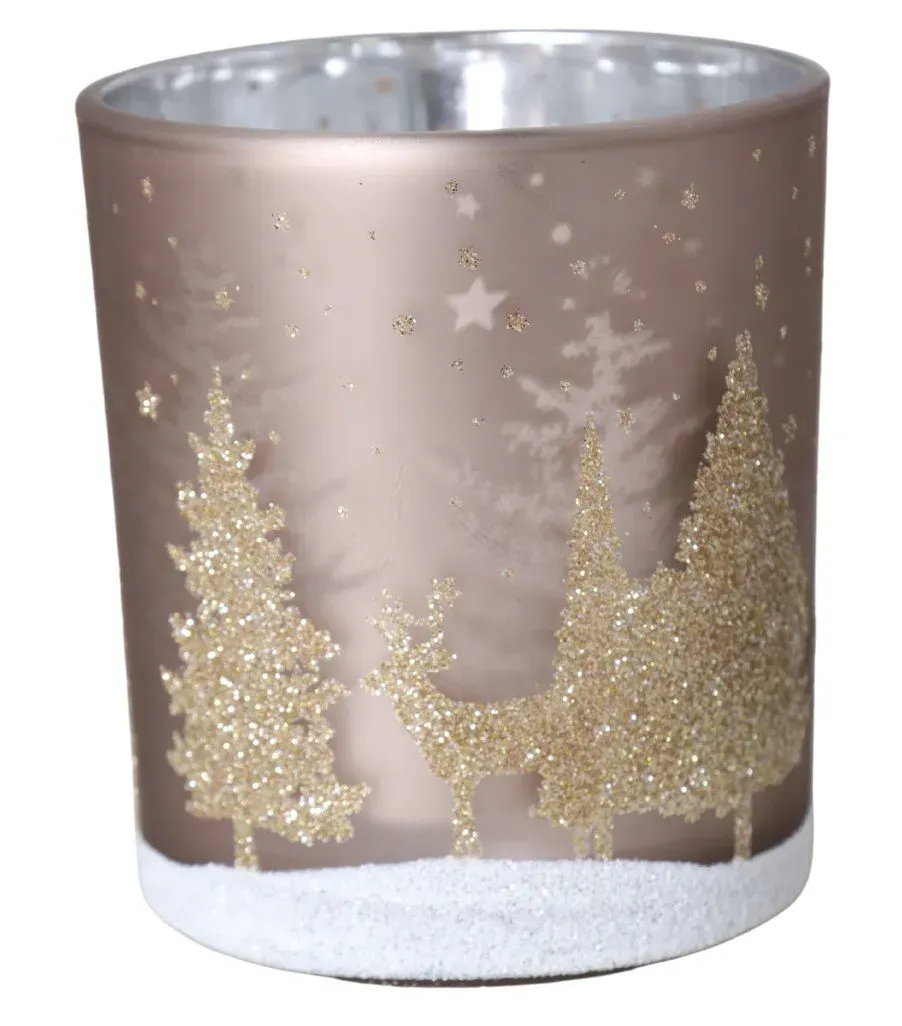 ŚWIECZNIK szklany BRĄZOWY Z CHOINKAMI średni 5266 brązowo-złoty ŚWIECZNIK szklany BRĄZOWY Z CHOINKAMI średni 5266 brązowo-złoty